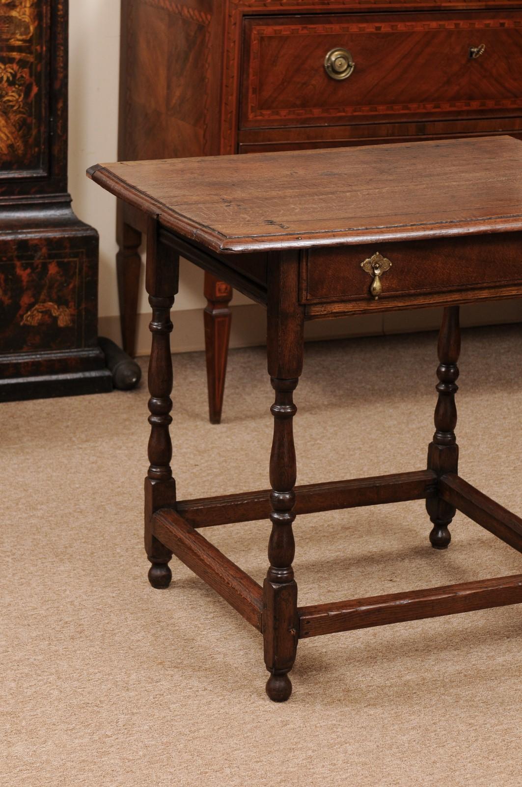 Wood English 18th century Side Table with 1 Drawer, Turned Legs & Box Stretcher