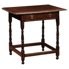 English 18th century Side Table with 1 Drawer, Turned Legs & Box Stretcher