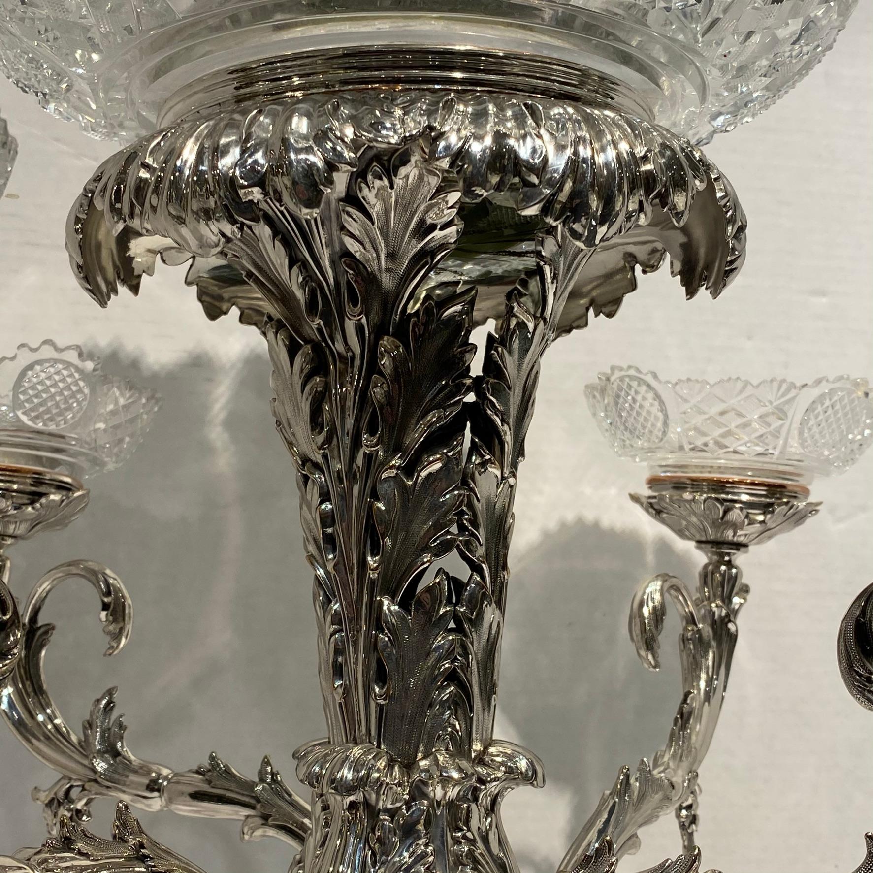 Metal English 19th Century Silver Plated and Cut-Glass Epergne