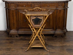 English 1900 Bamboo Side Table with Chinoiserie Decor and Rattan Accents