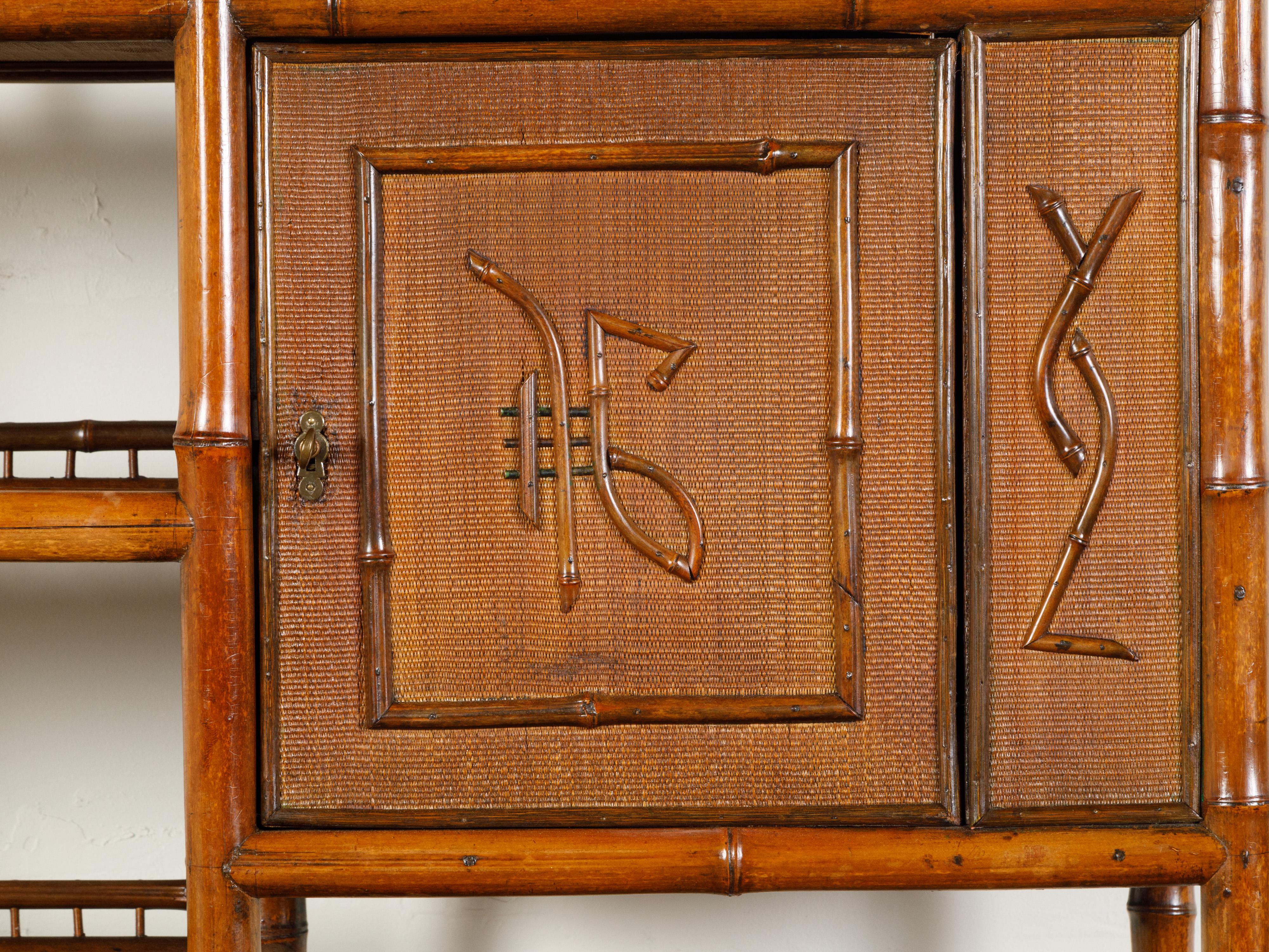 English 1900s Bamboo Chinoiserie Cabinet with Open Shelves, Drawers and Doors For Sale 10