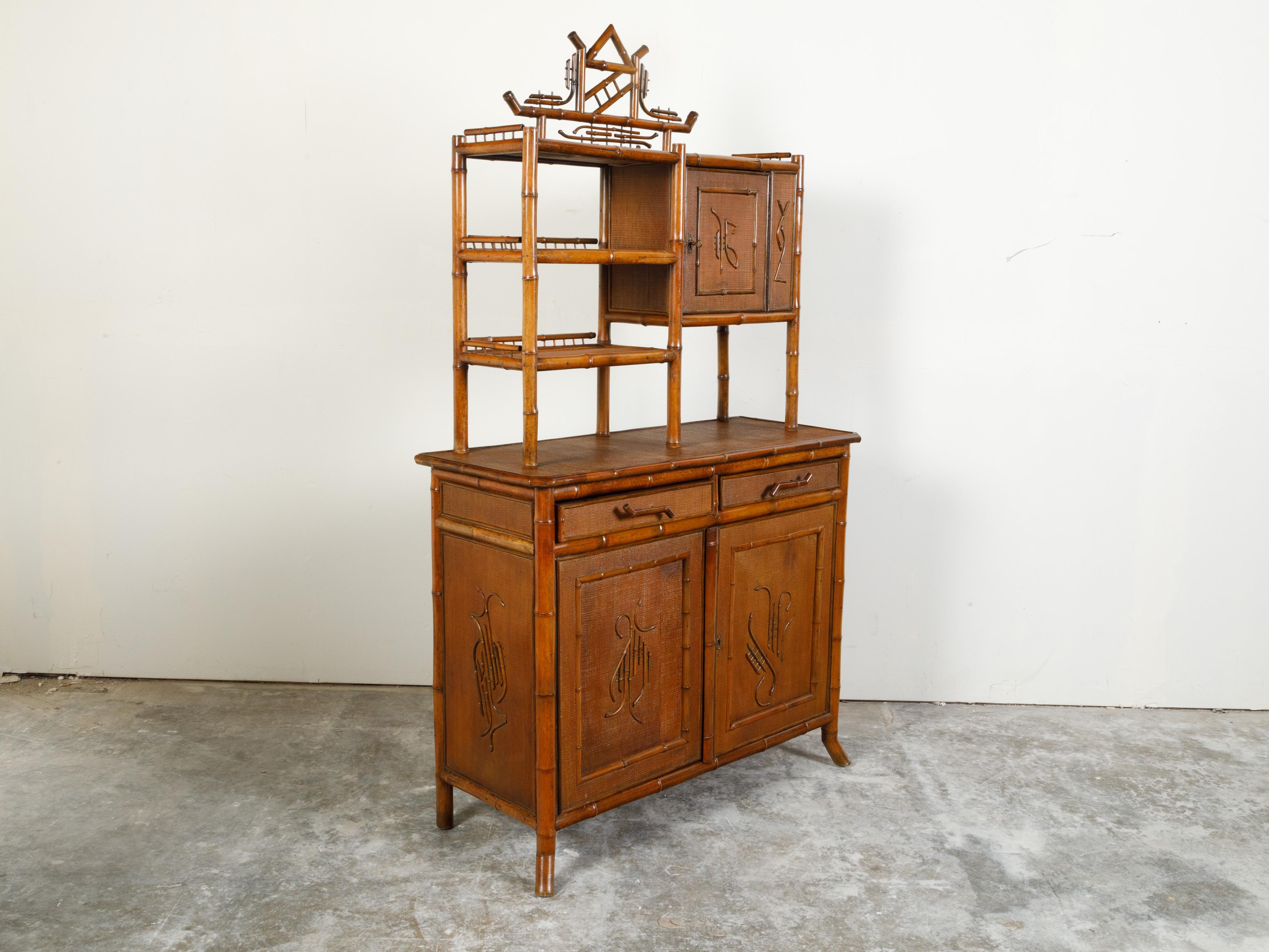 20th Century English 1900s Bamboo Chinoiserie Cabinet with Open Shelves, Drawers and Doors For Sale