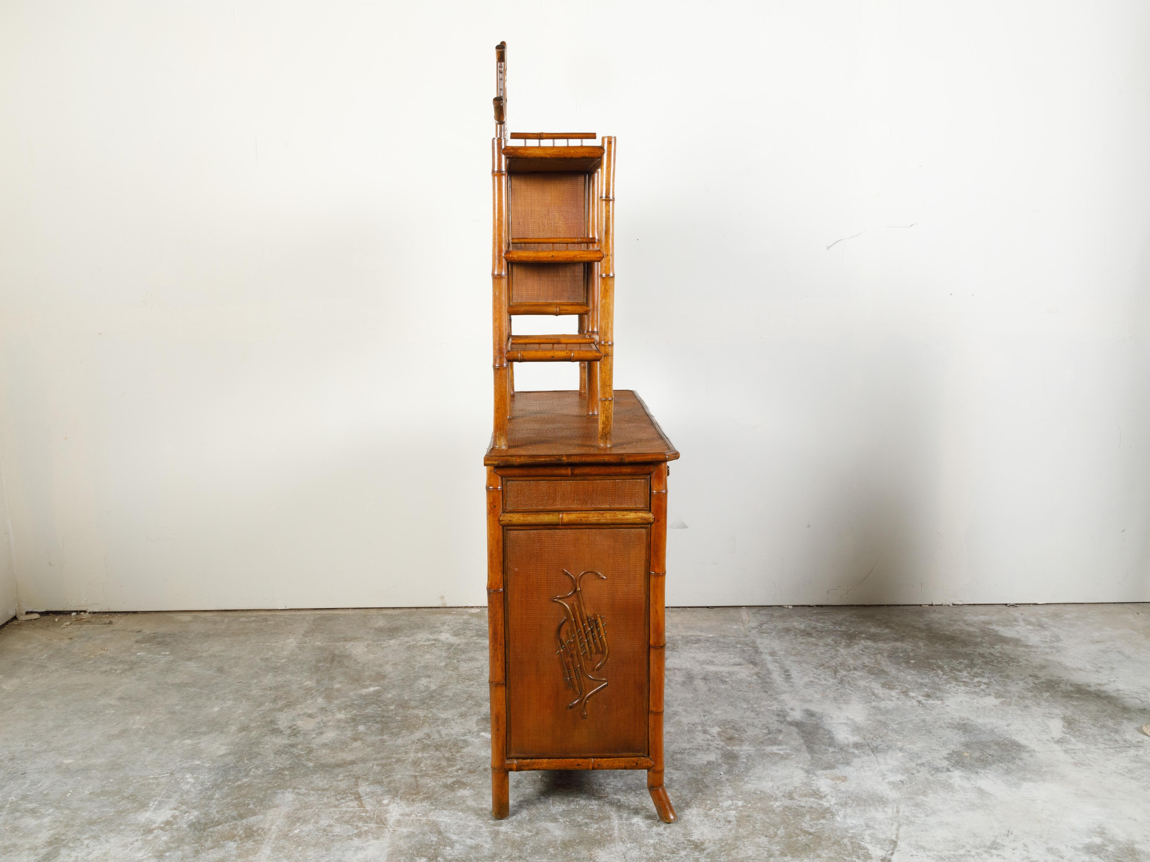 English 1900s Bamboo Chinoiserie Cabinet with Open Shelves, Drawers and Doors For Sale 2