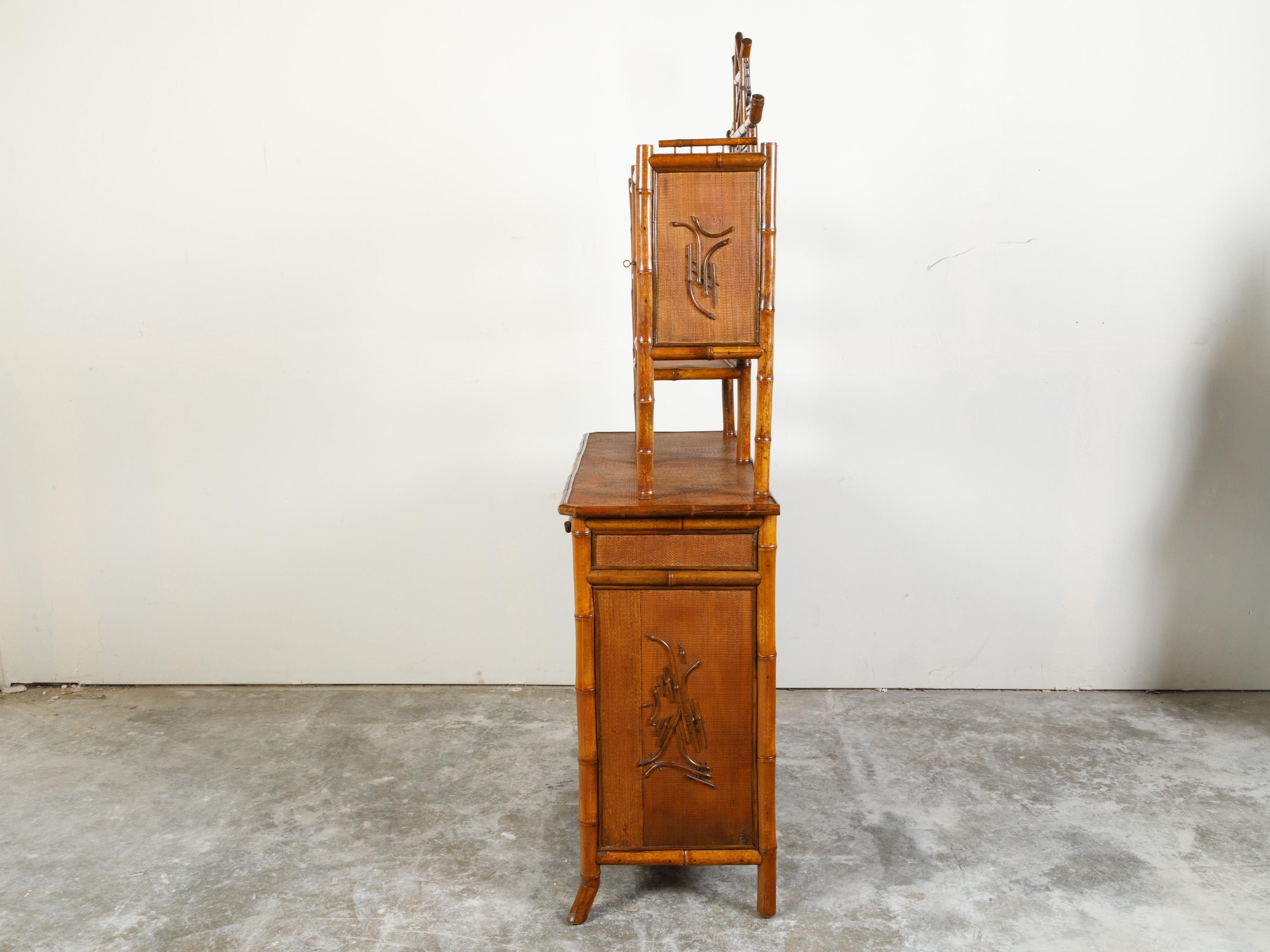 English 1900s Bamboo Chinoiserie Cabinet with Open Shelves, Drawers and Doors For Sale 4