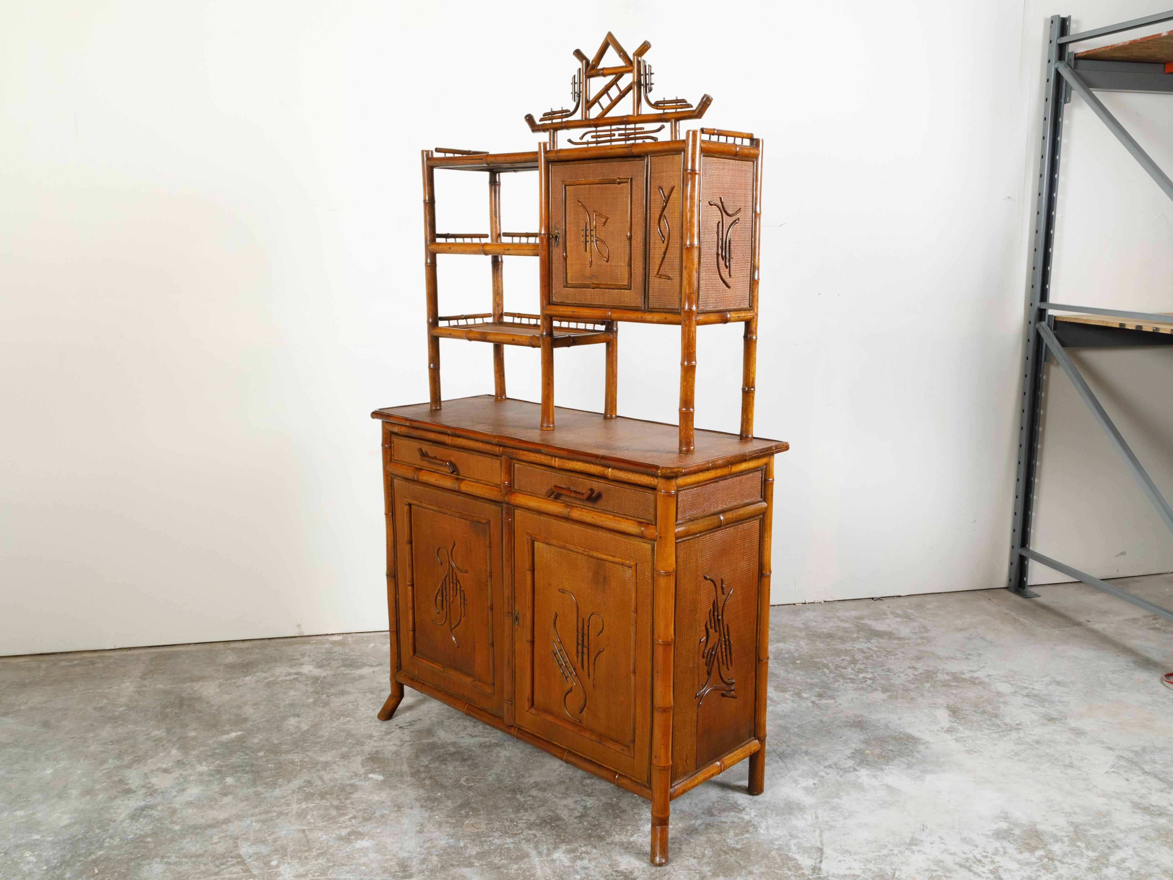 English 1900s Bamboo Chinoiserie Cabinet with Open Shelves, Drawers and Doors For Sale 5
