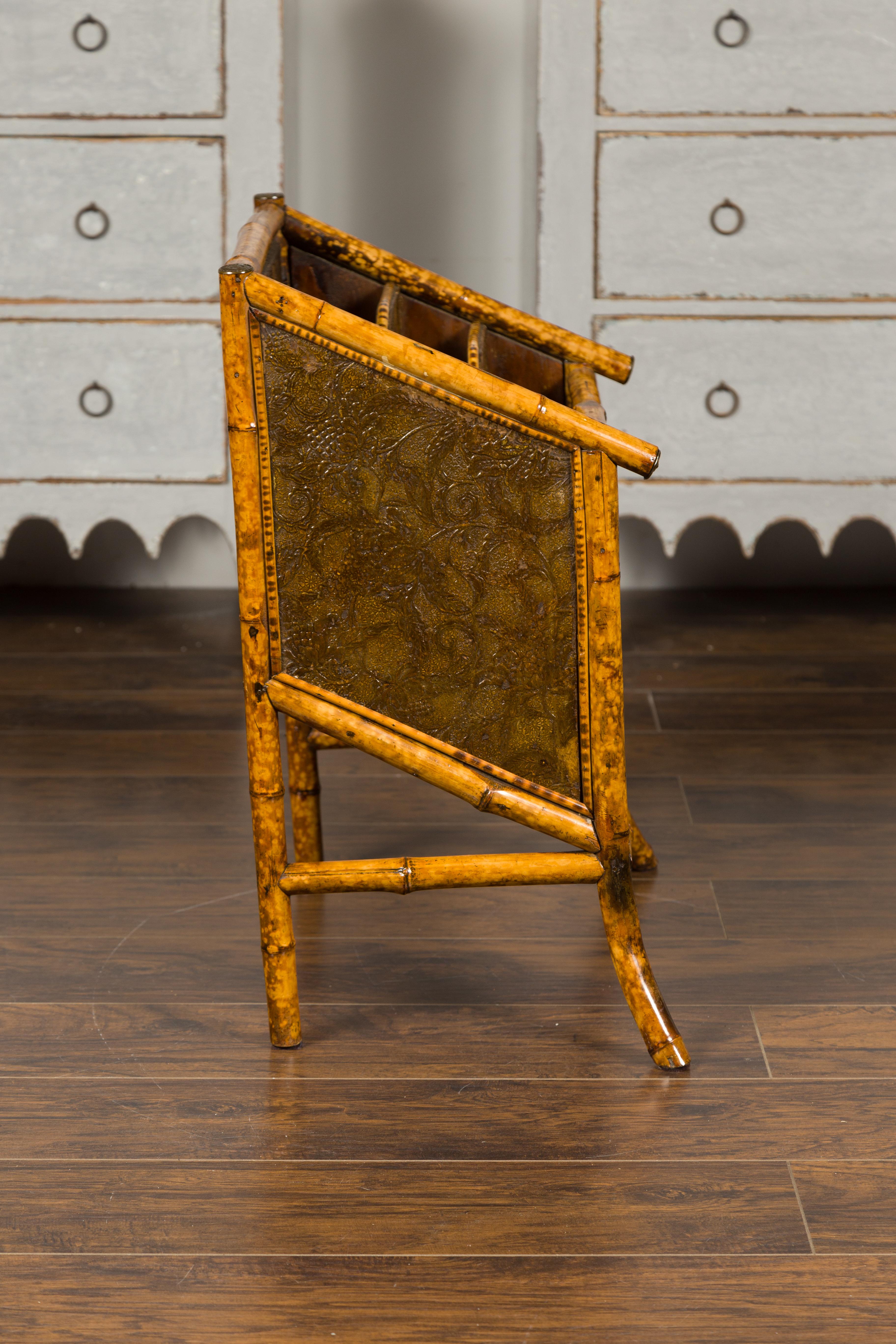 English 1900s Bamboo Leather Canterbury Magazine Rack with Chinoiserie Motifs For Sale 7