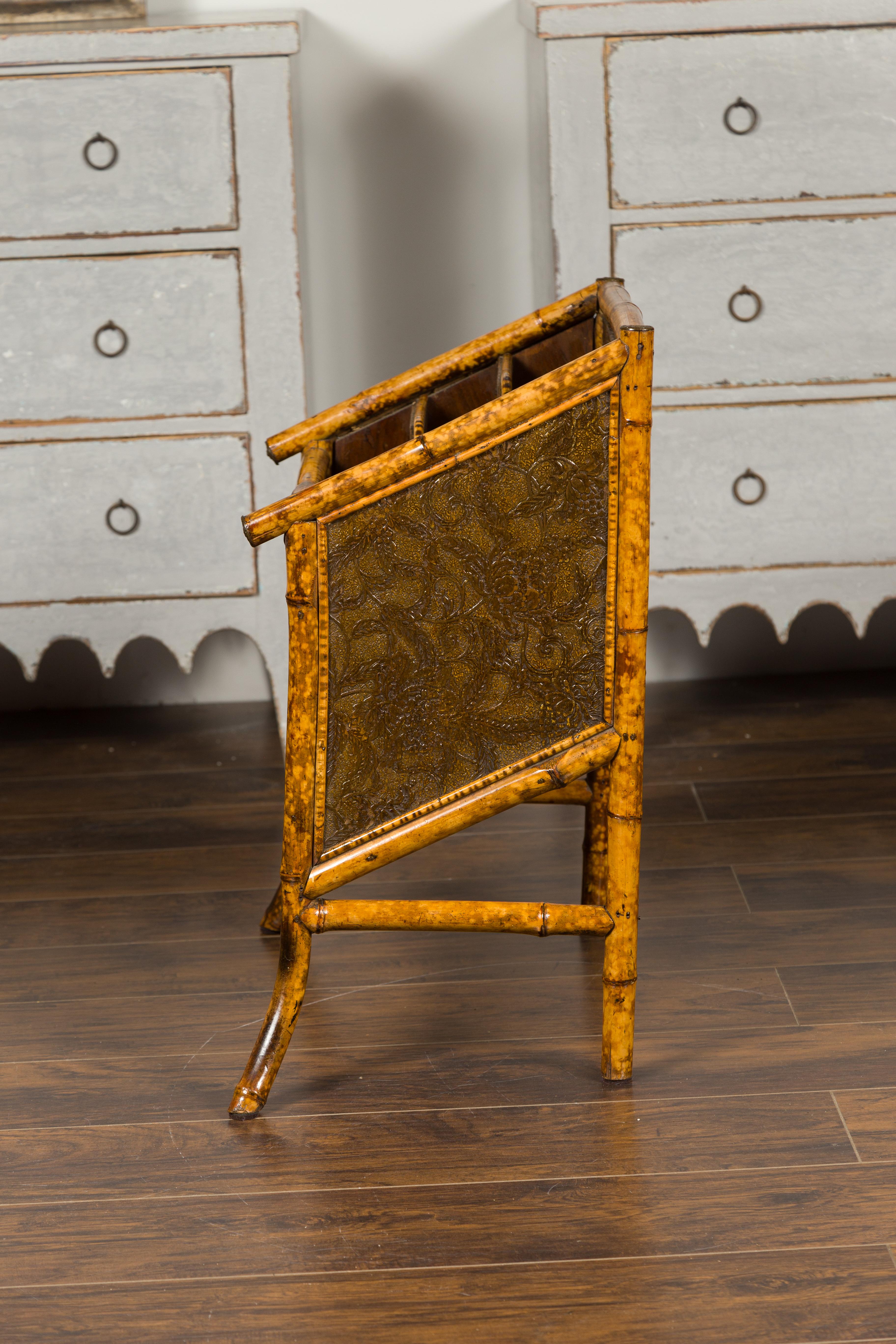 English 1900s Bamboo Leather Canterbury Magazine Rack with Chinoiserie Motifs For Sale 9
