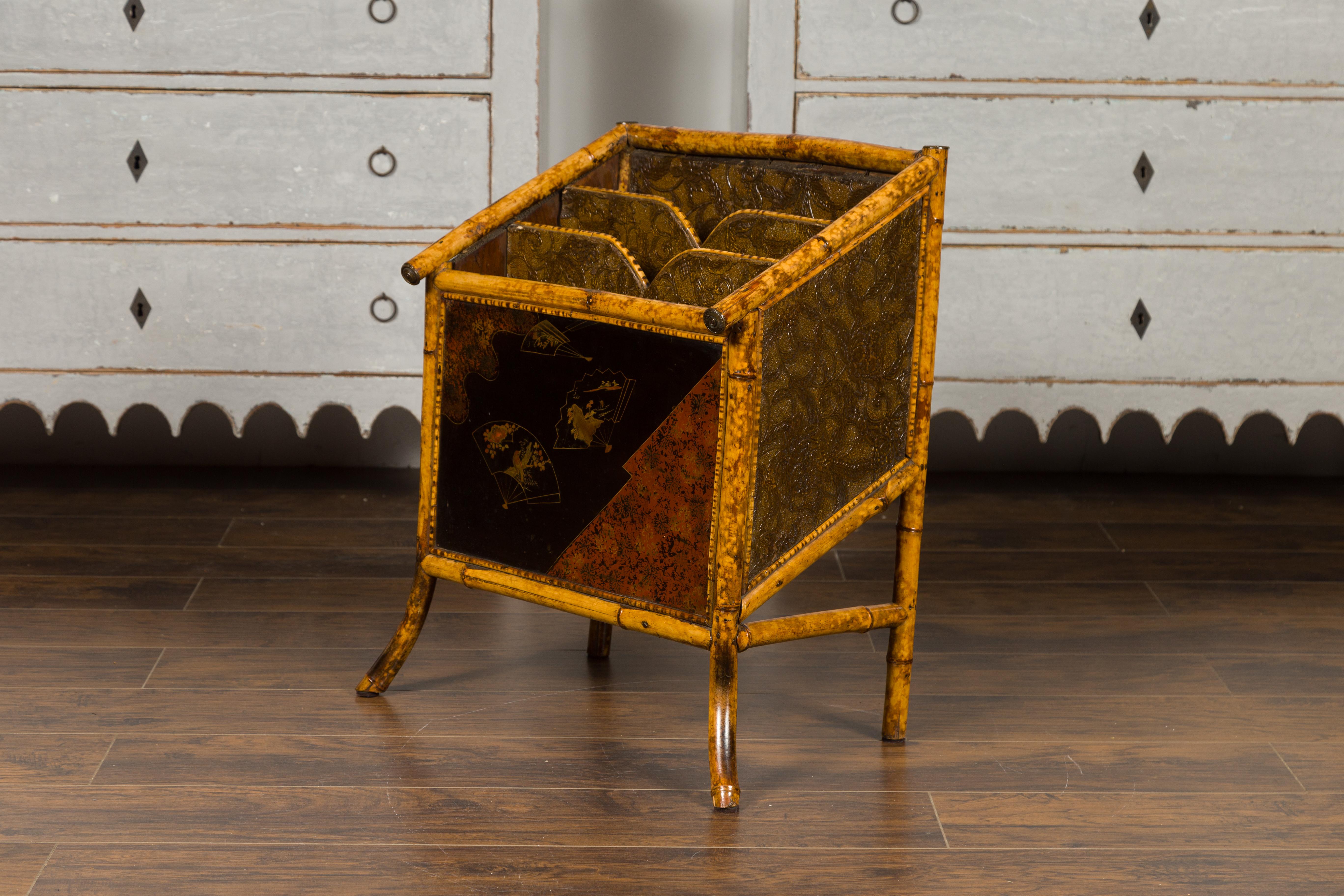 English 1900s Bamboo Leather Canterbury Magazine Rack with Chinoiserie Motifs For Sale 10