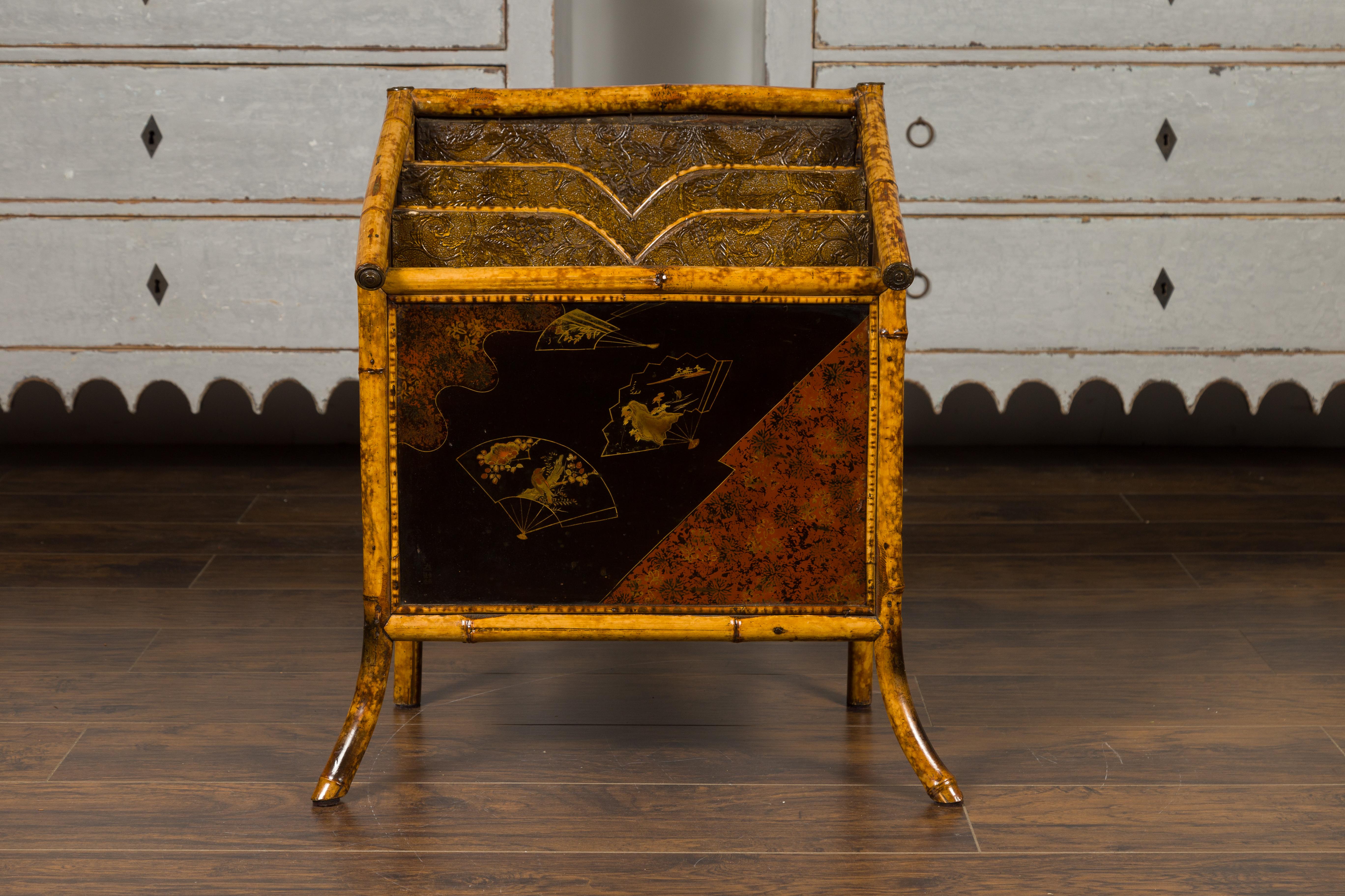 English 1900s Bamboo Leather Canterbury Magazine Rack with Chinoiserie Motifs In Good Condition For Sale In Atlanta, GA