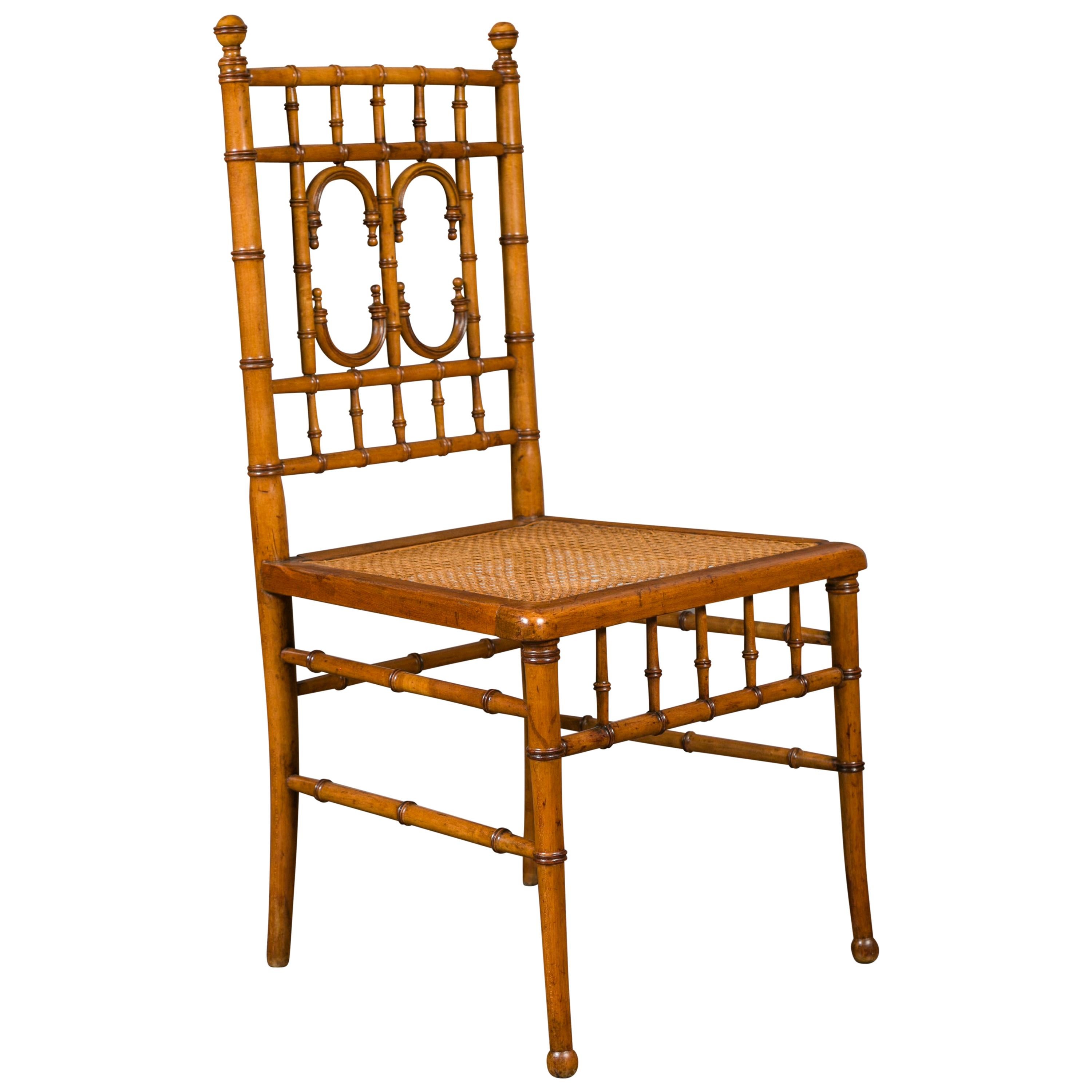 English 1900s Bamboo Side Chair with Cane Seat and Arched Motifs and Ball Feet