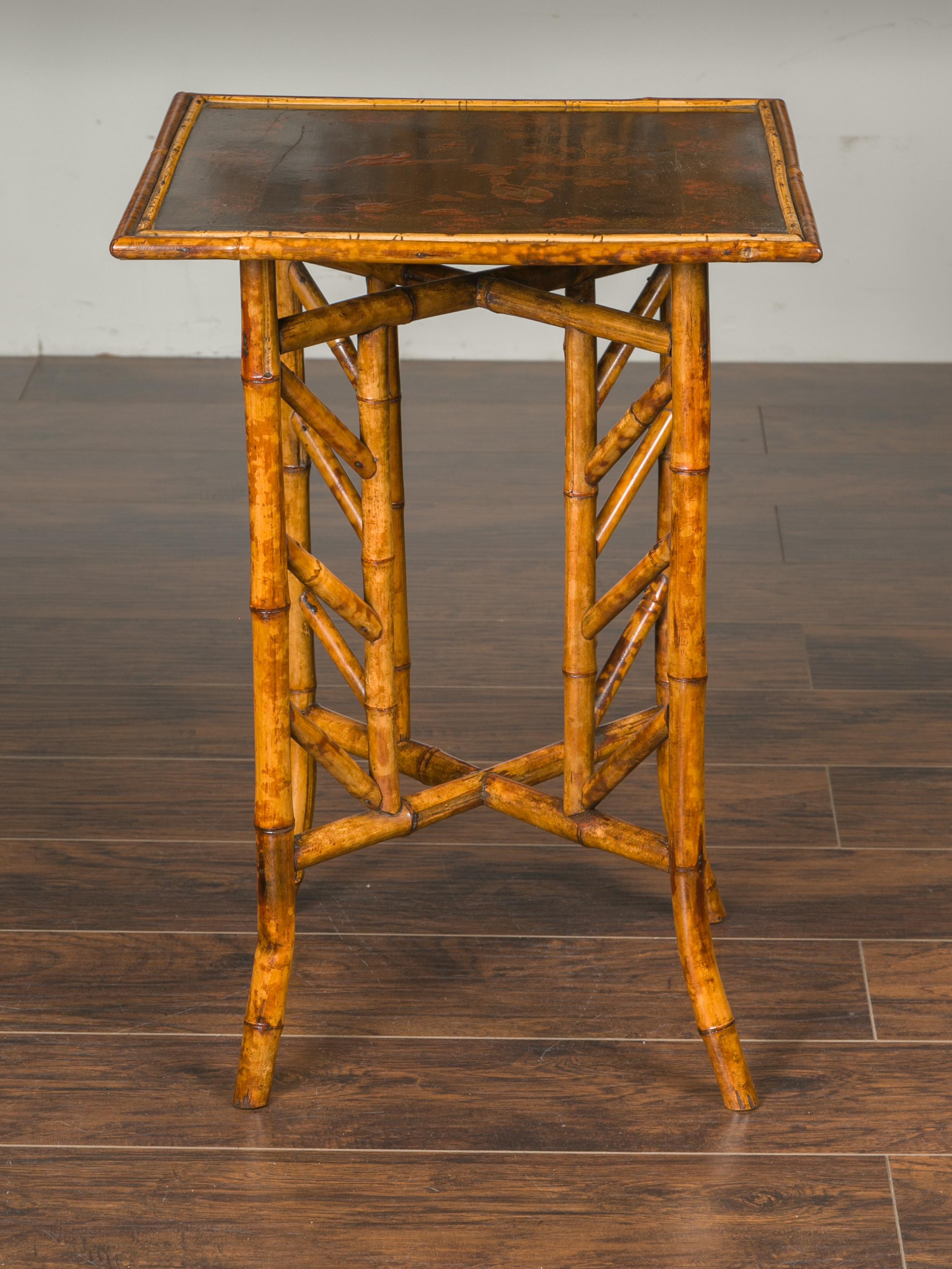English 1900s Bamboo Side Table with Bird and Floral Decor on Intricate Base 4