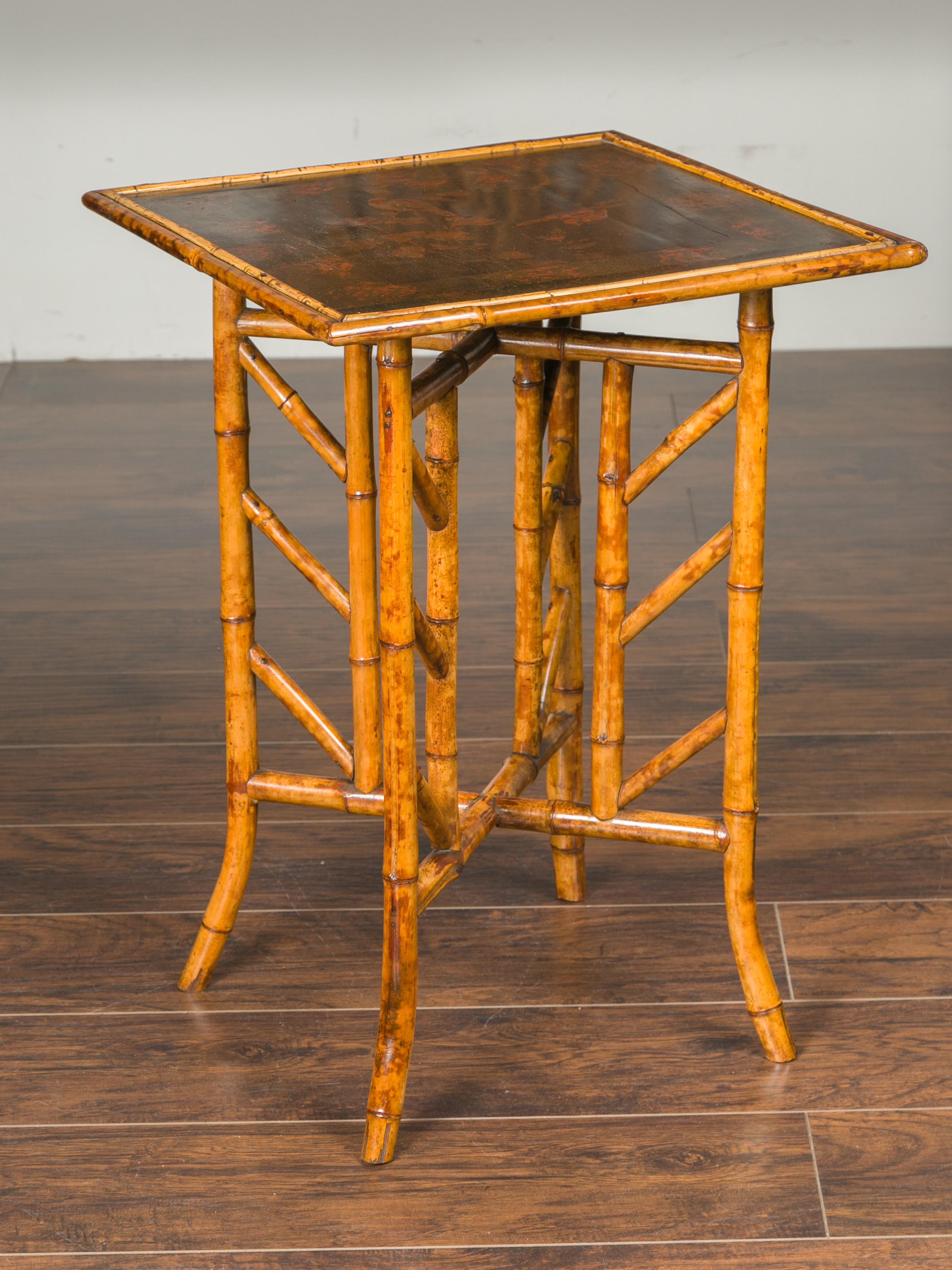 20th Century English 1900s Bamboo Side Table with Bird and Floral Decor on Intricate Base