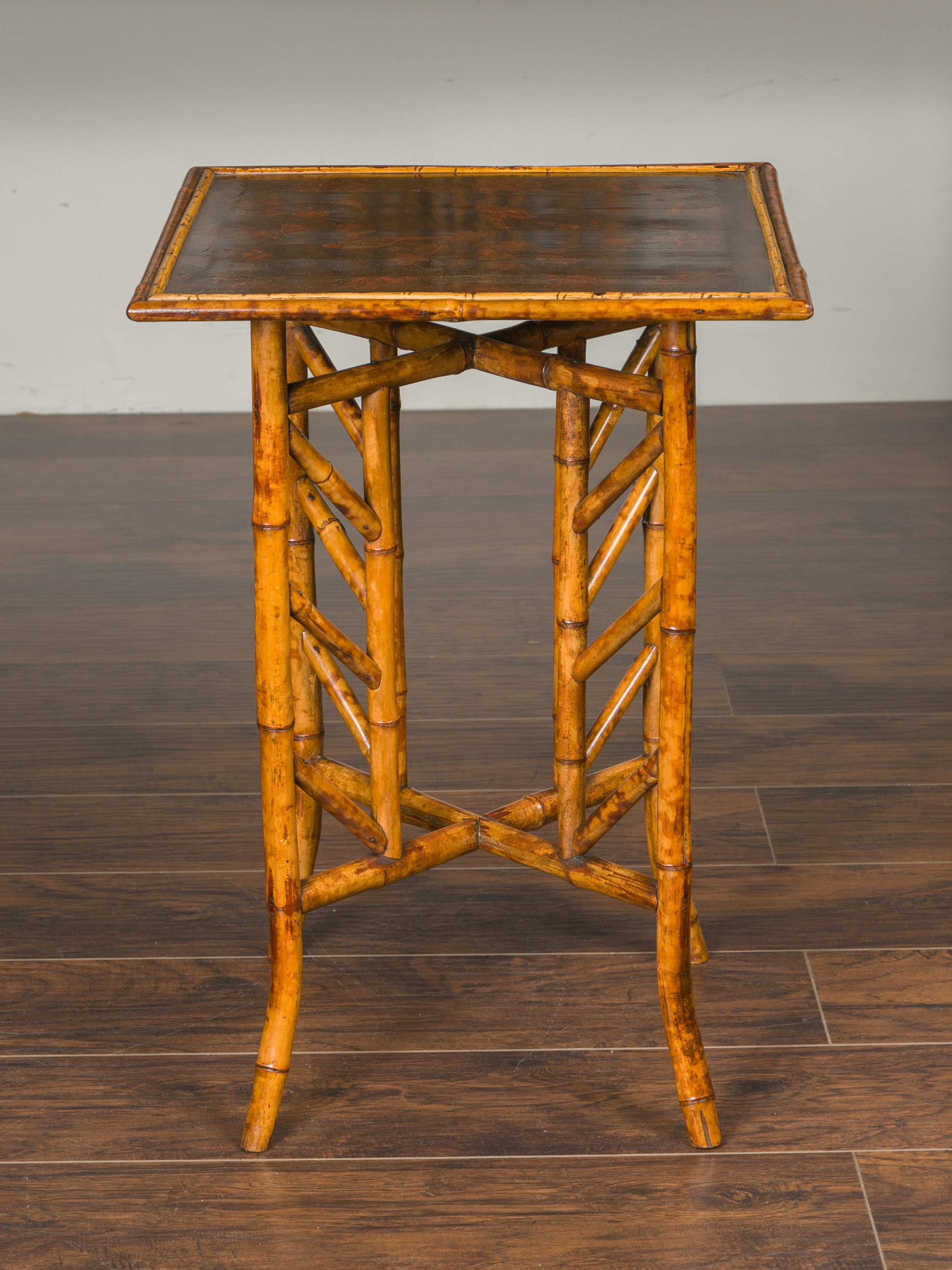 English 1900s Bamboo Side Table with Bird and Floral Decor on Intricate Base 3
