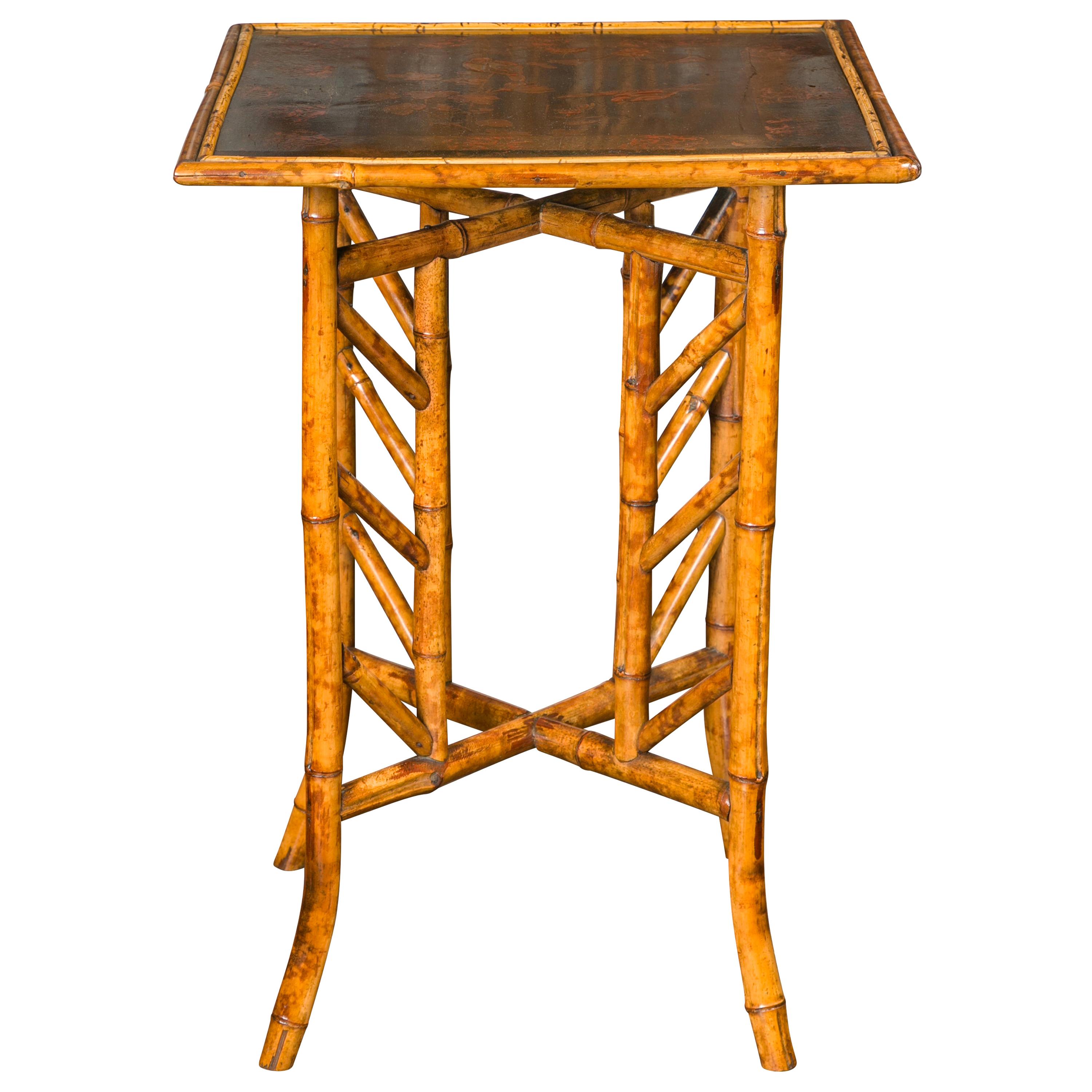 English 1900s Bamboo Side Table with Bird and Floral Decor on Intricate Base