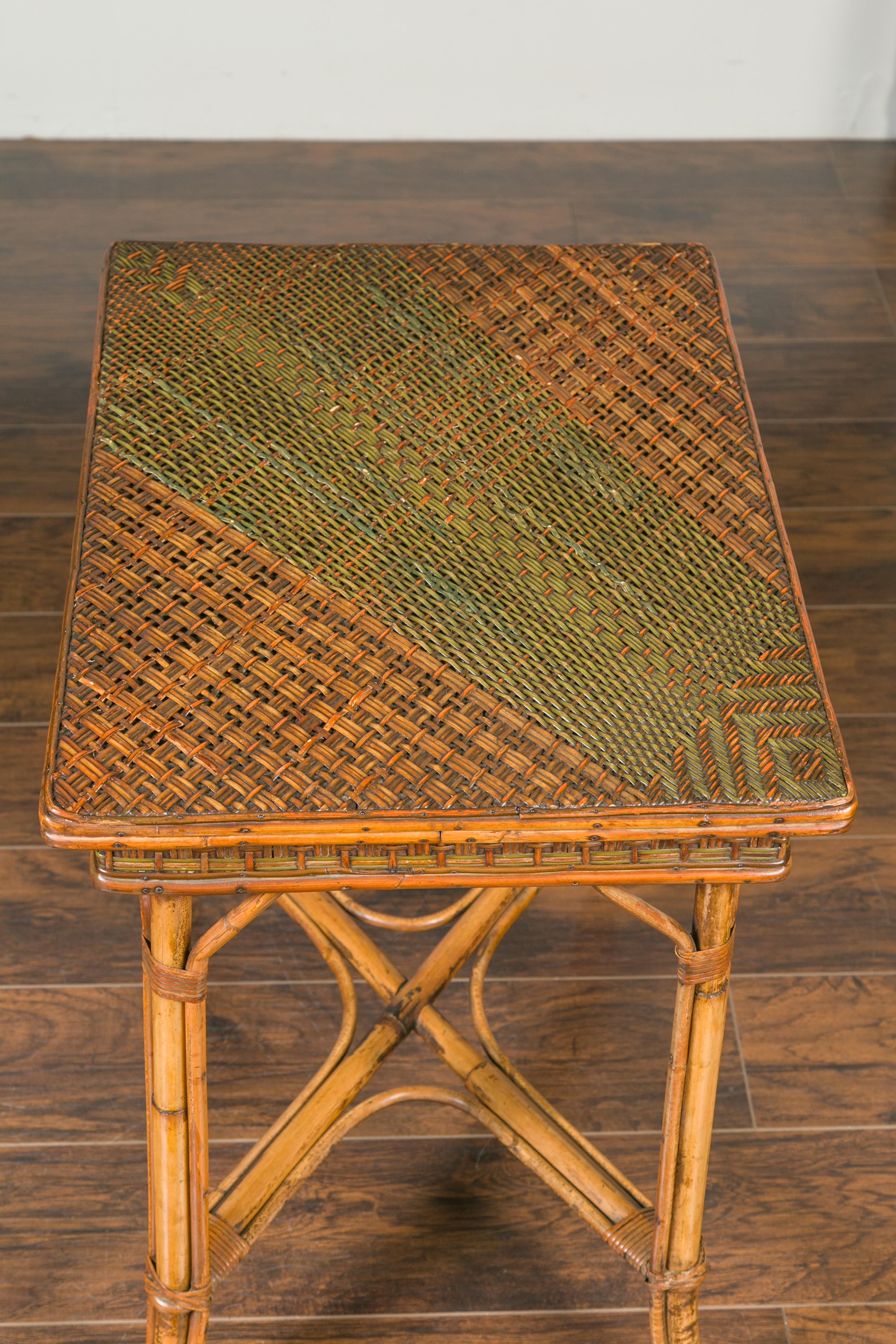 English 1900s Bamboo Side Table with Two-Toned Rattan Top and Ornate Hardware 13