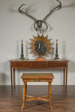 English 1900s Bamboo Side Table with Two-Toned Rattan Top and Ornate Hardware