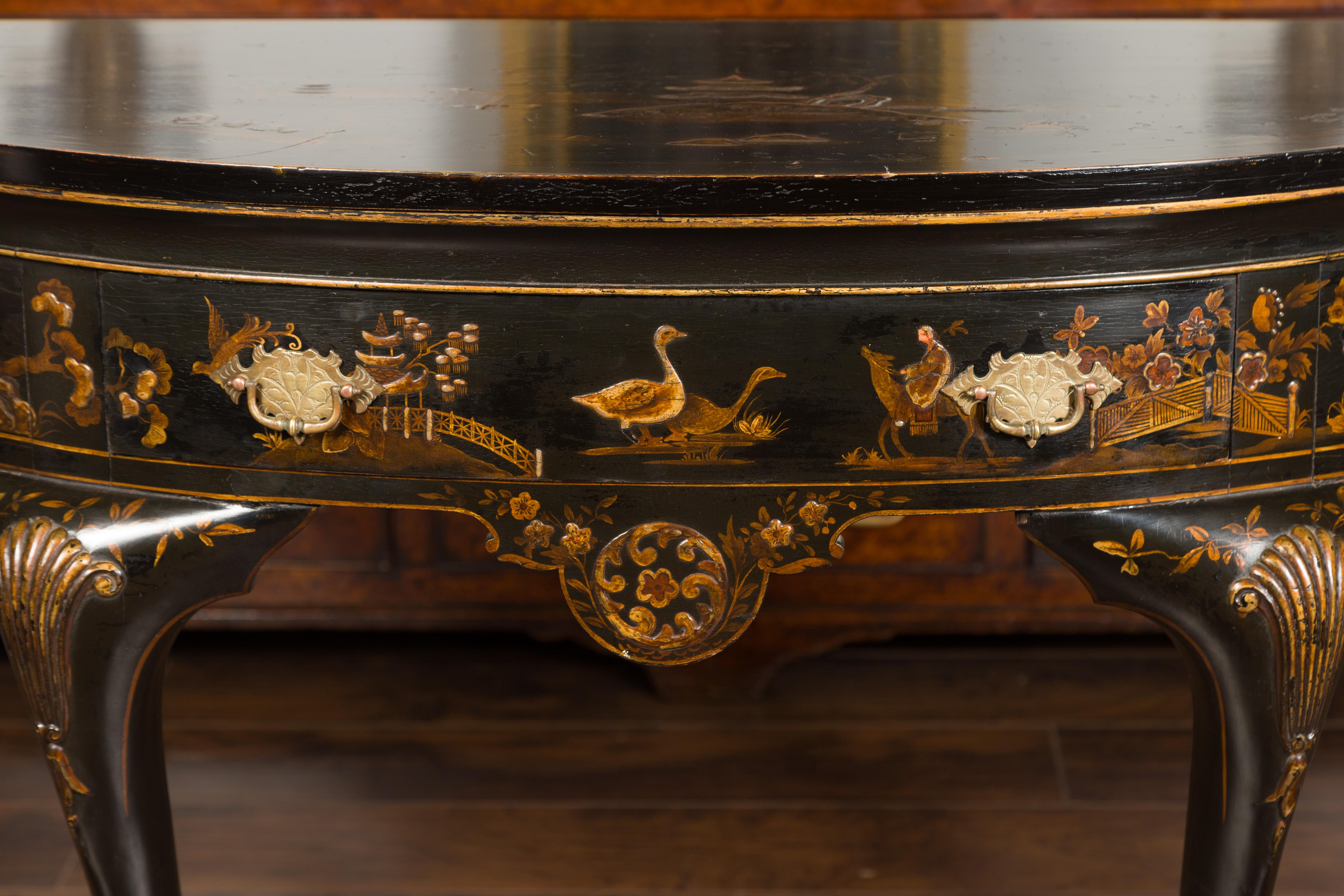 English 1900s Black and Gold Demilune Table with Chinoiserie Decor and Drawer 2