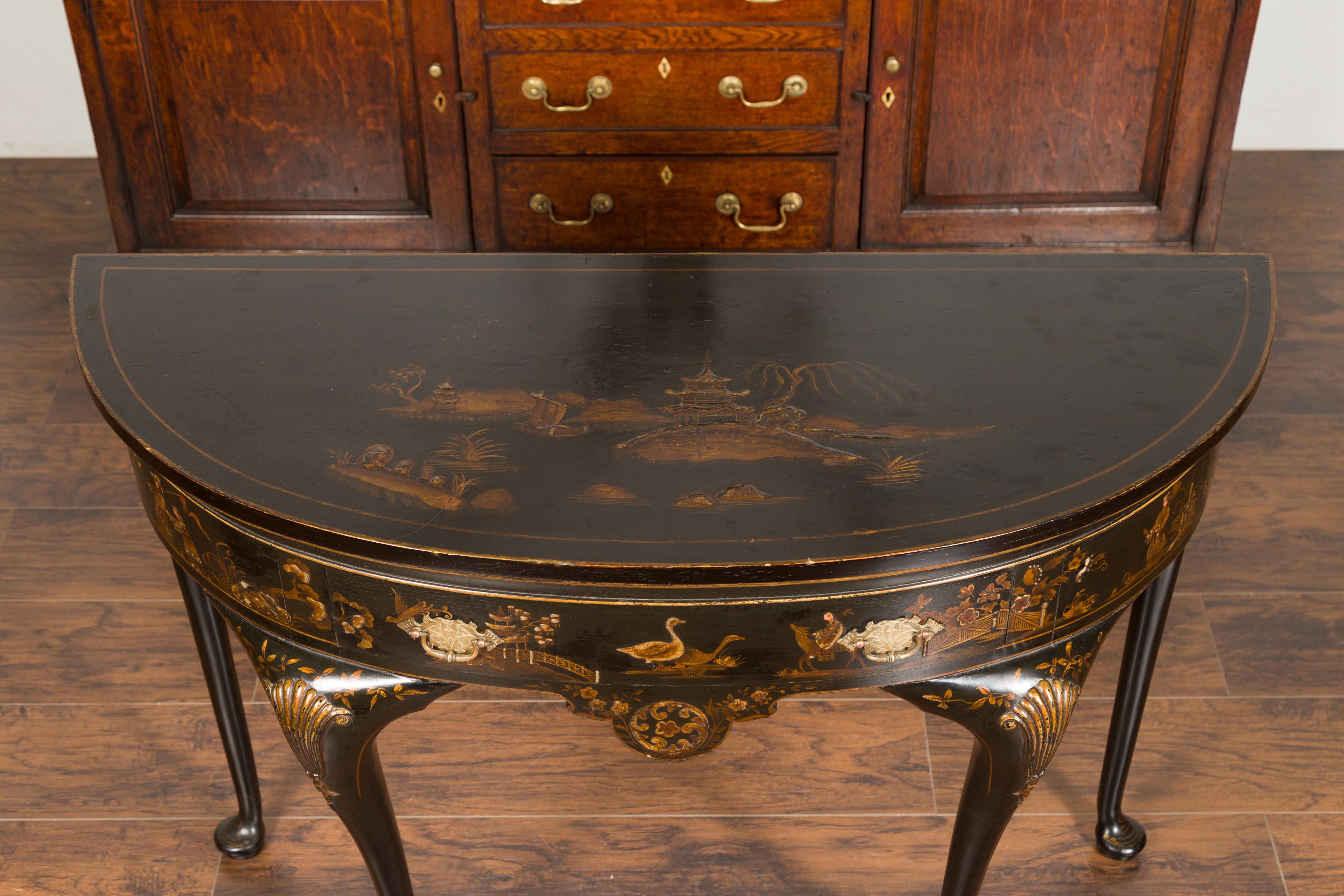 English 1900s Black and Gold Demilune Table with Chinoiserie Decor and Drawer 3