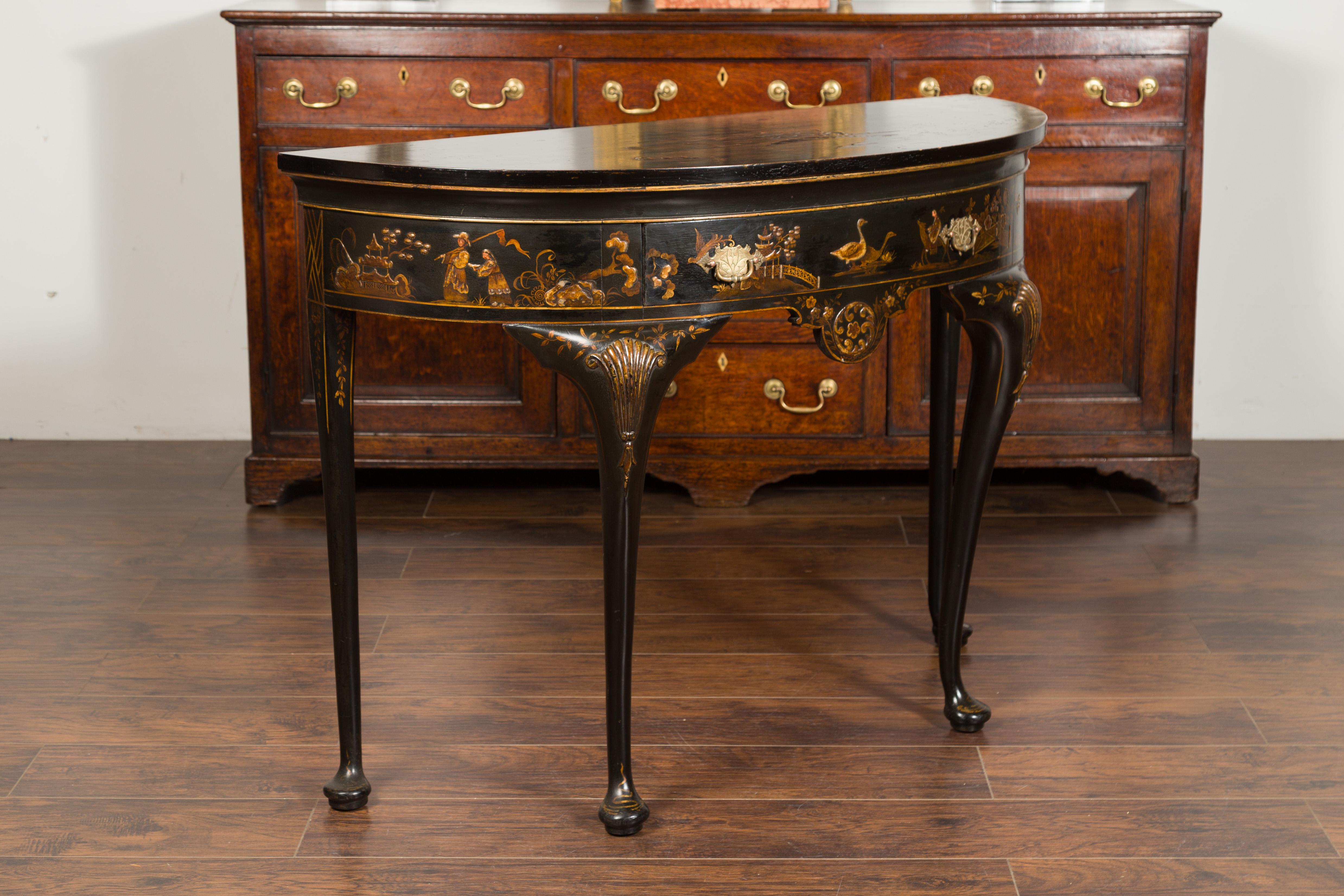 English 1900s Black and Gold Demilune Table with Chinoiserie Decor and Drawer 5