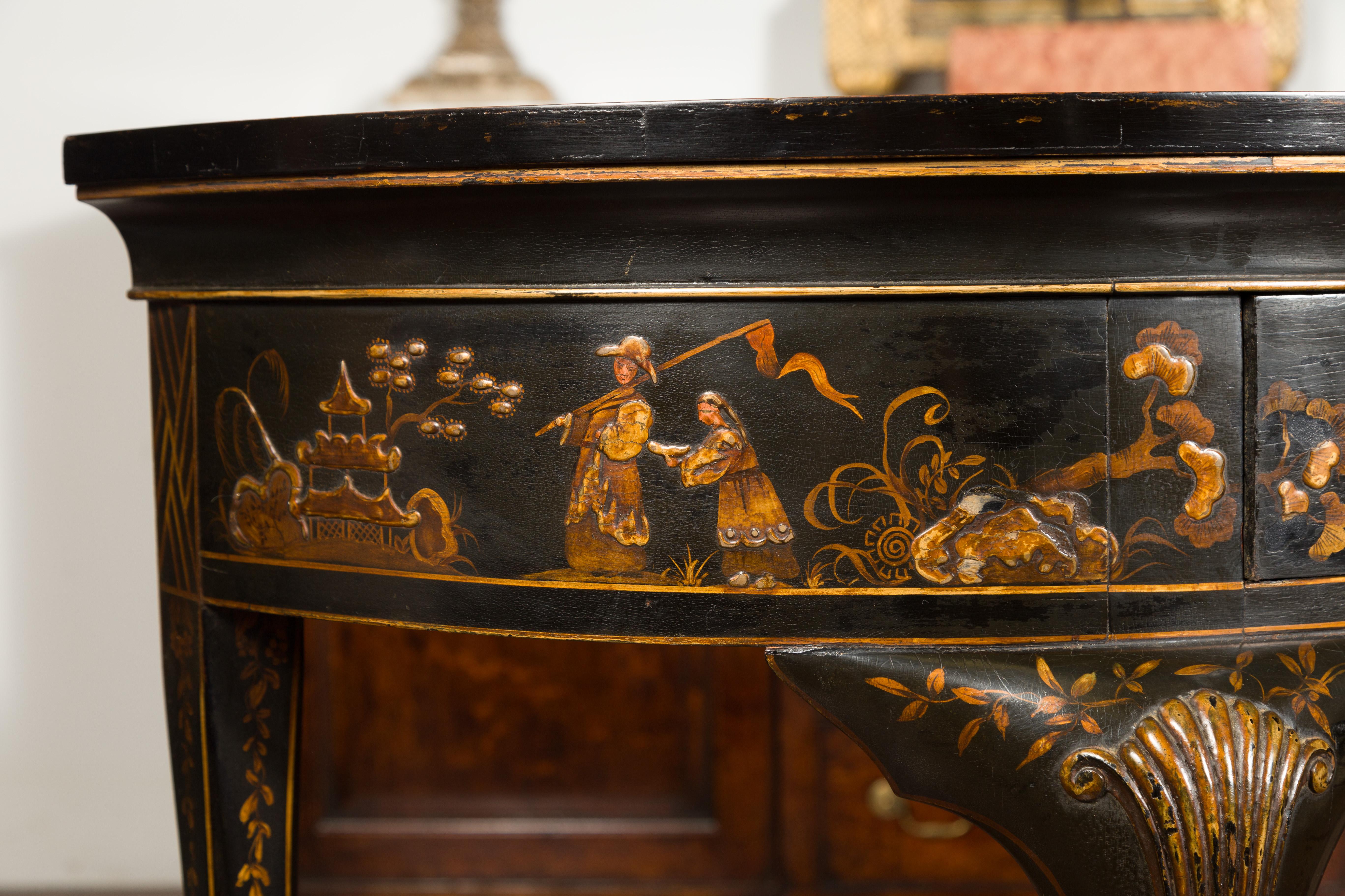 English 1900s Black and Gold Demilune Table with Chinoiserie Decor and Drawer 6