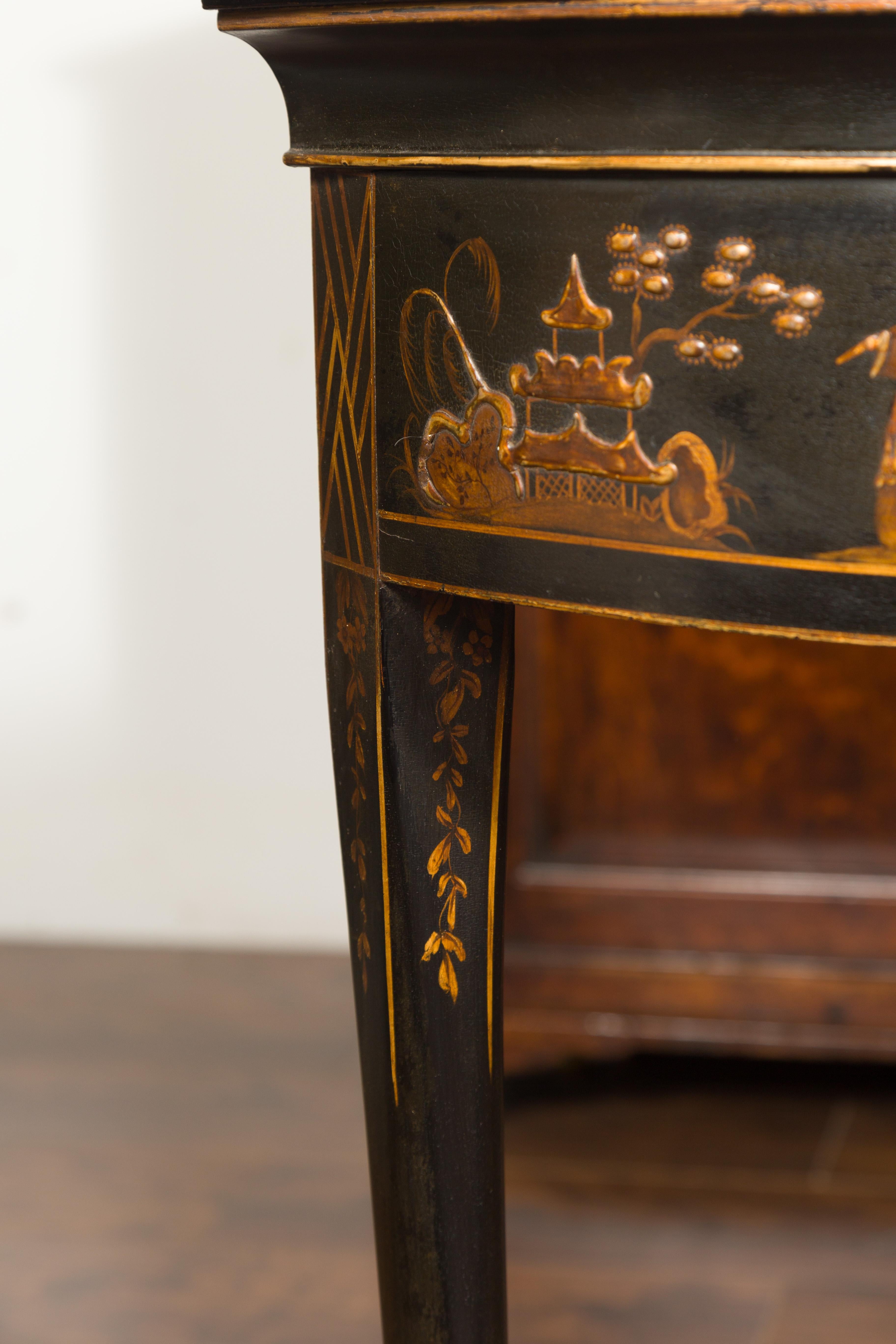 English 1900s Black and Gold Demilune Table with Chinoiserie Decor and Drawer 7