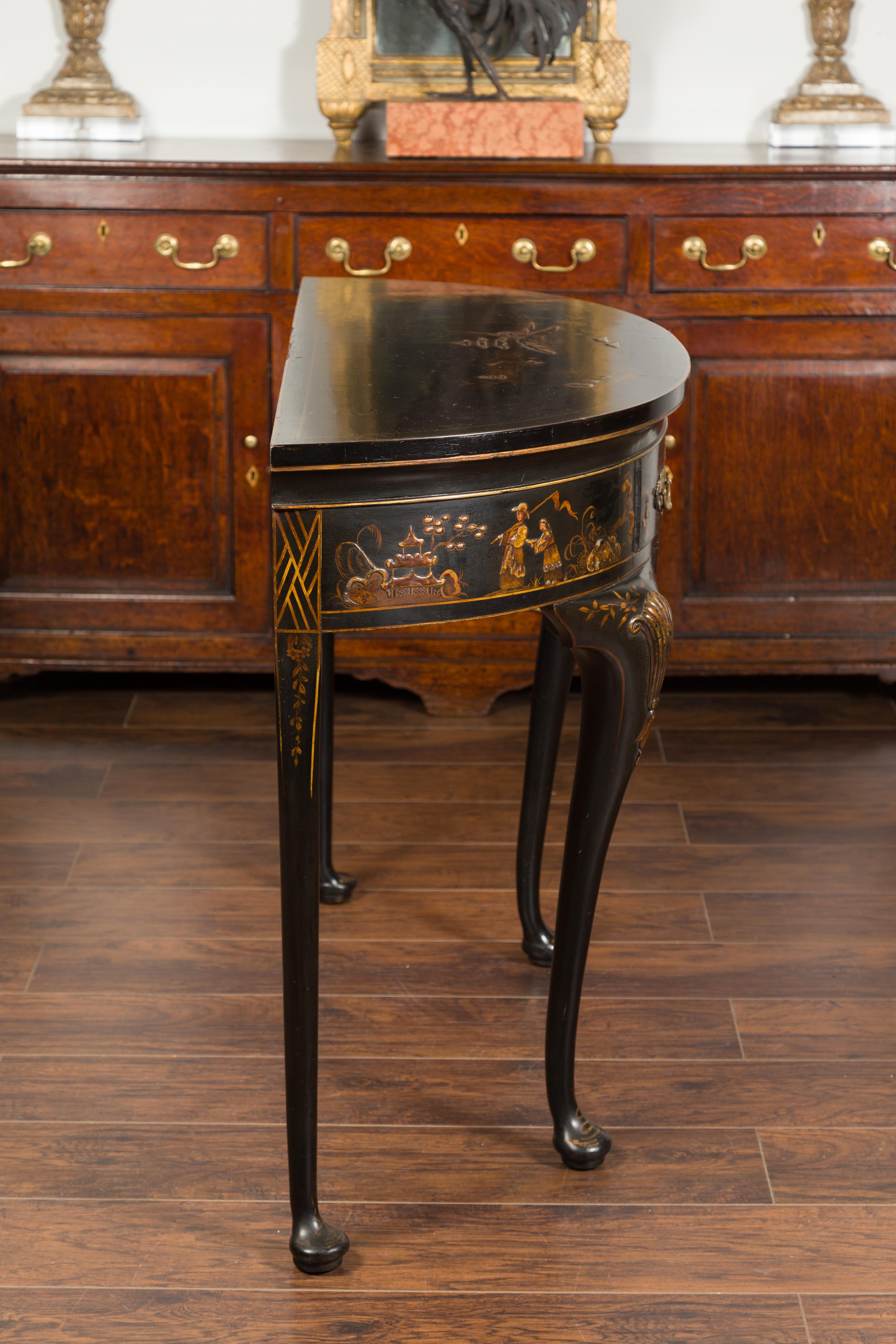 English 1900s Black and Gold Demilune Table with Chinoiserie Decor and Drawer 8