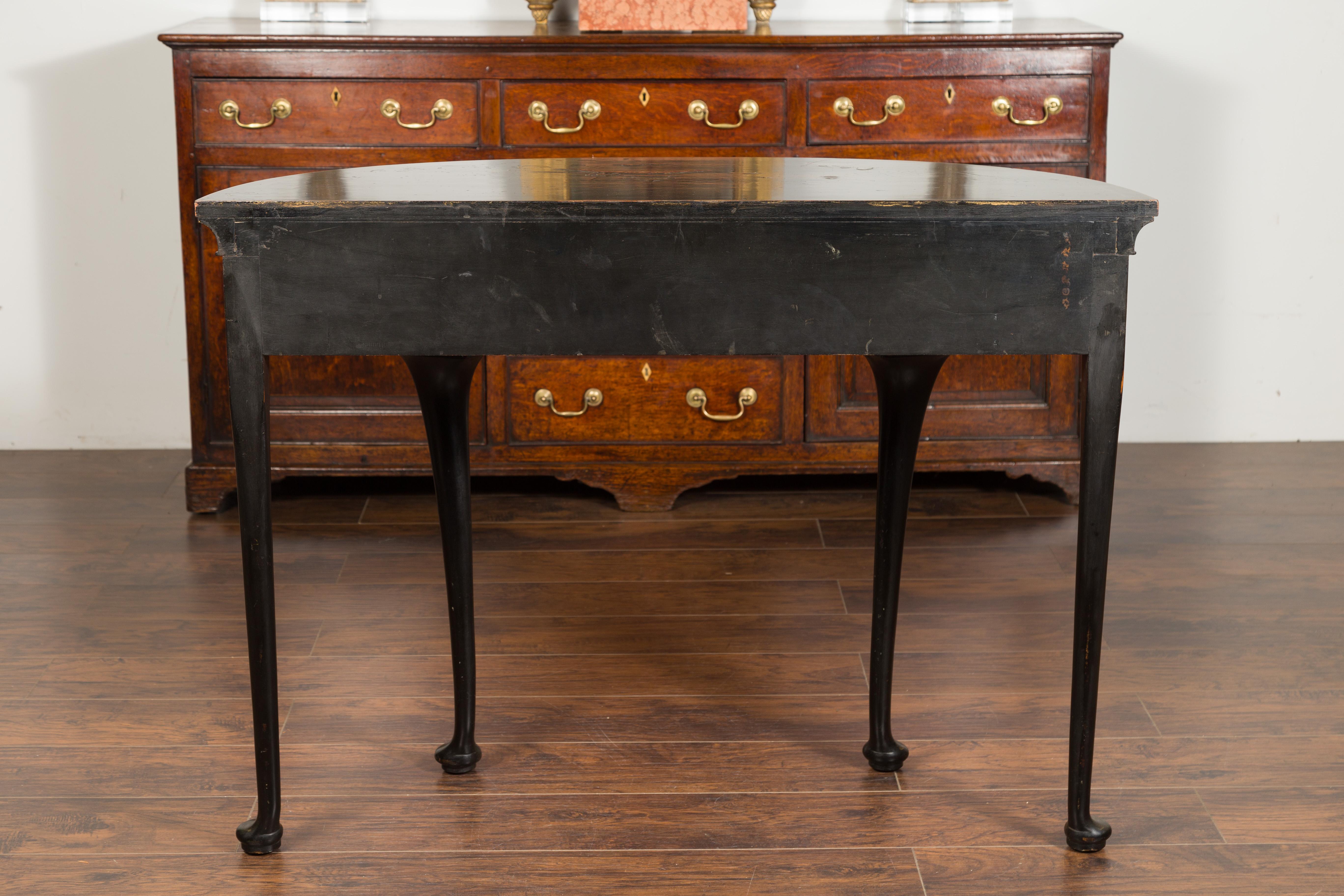 English 1900s Black and Gold Demilune Table with Chinoiserie Decor and Drawer 9