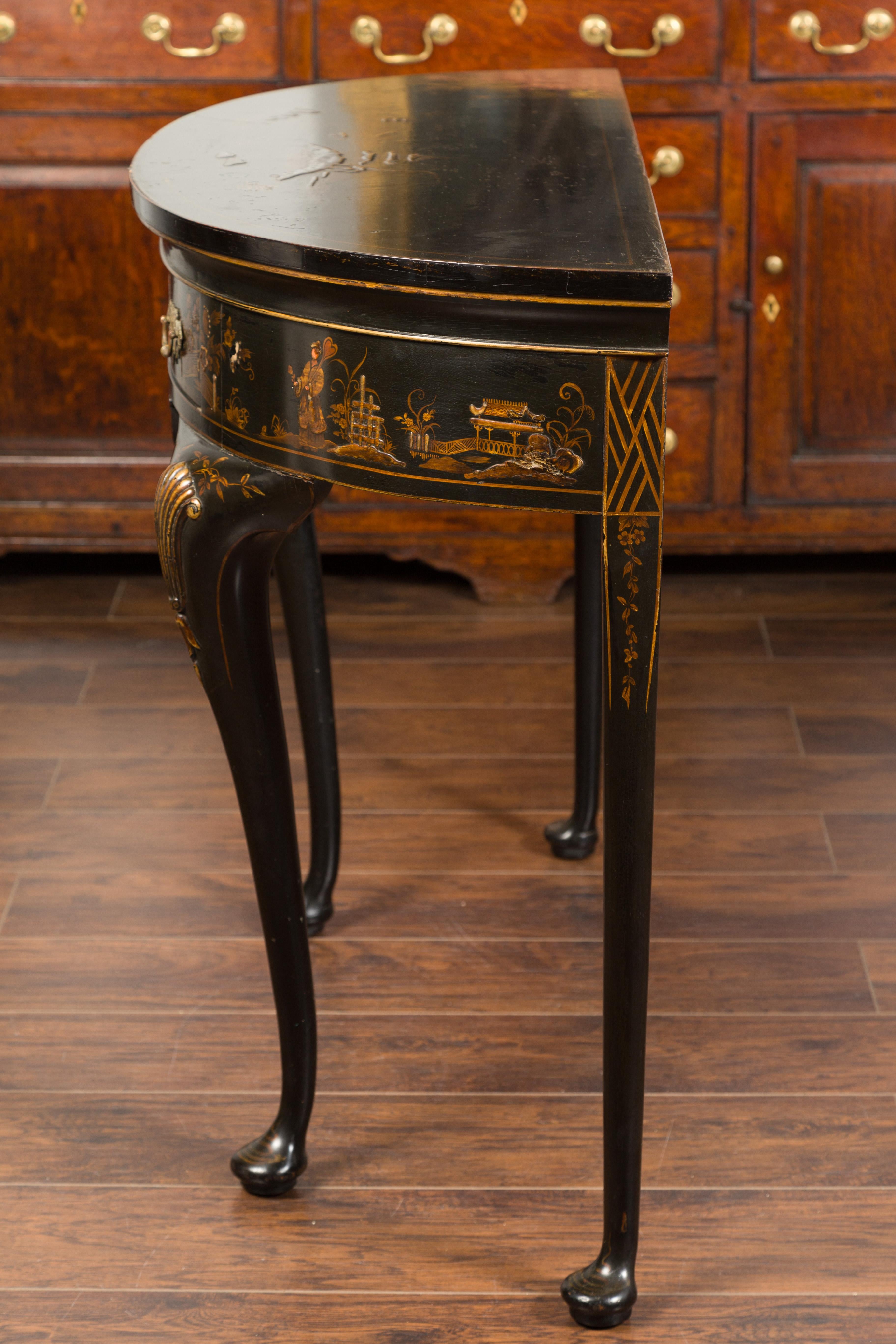 English 1900s Black and Gold Demilune Table with Chinoiserie Decor and Drawer 10