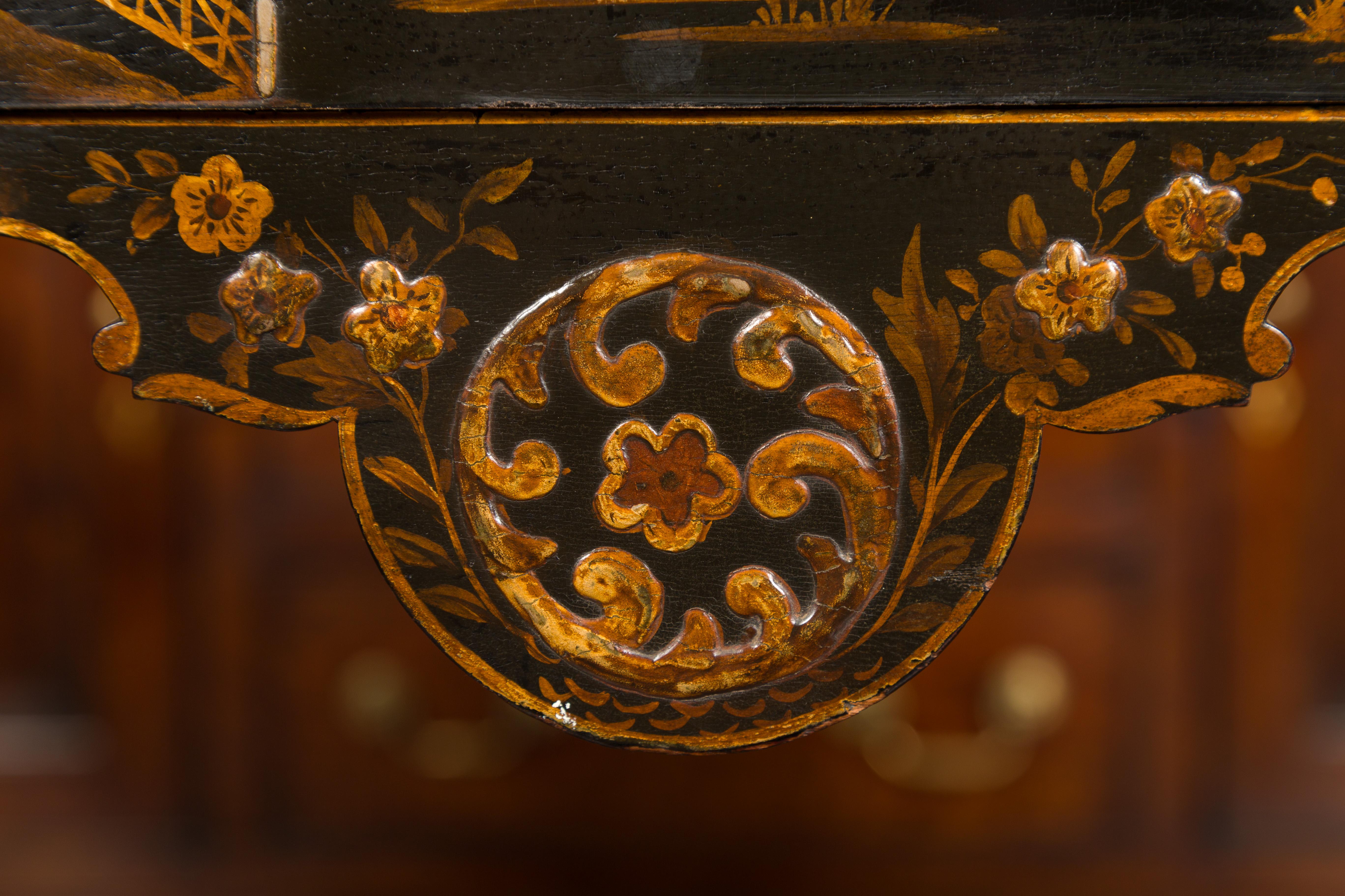 English 1900s Black and Gold Demilune Table with Chinoiserie Decor and Drawer In Good Condition In Atlanta, GA