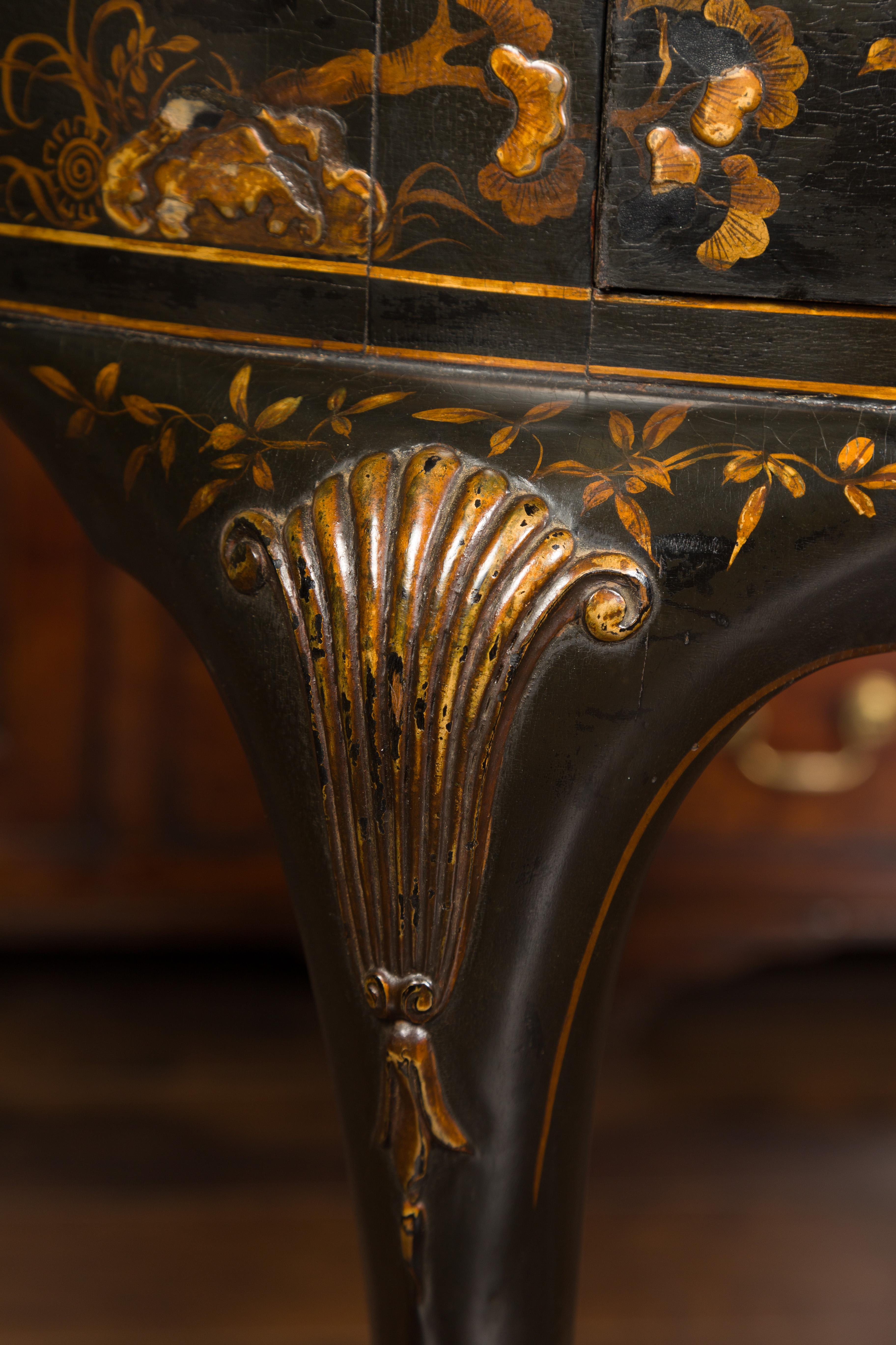 20th Century English 1900s Black and Gold Demilune Table with Chinoiserie Decor and Drawer