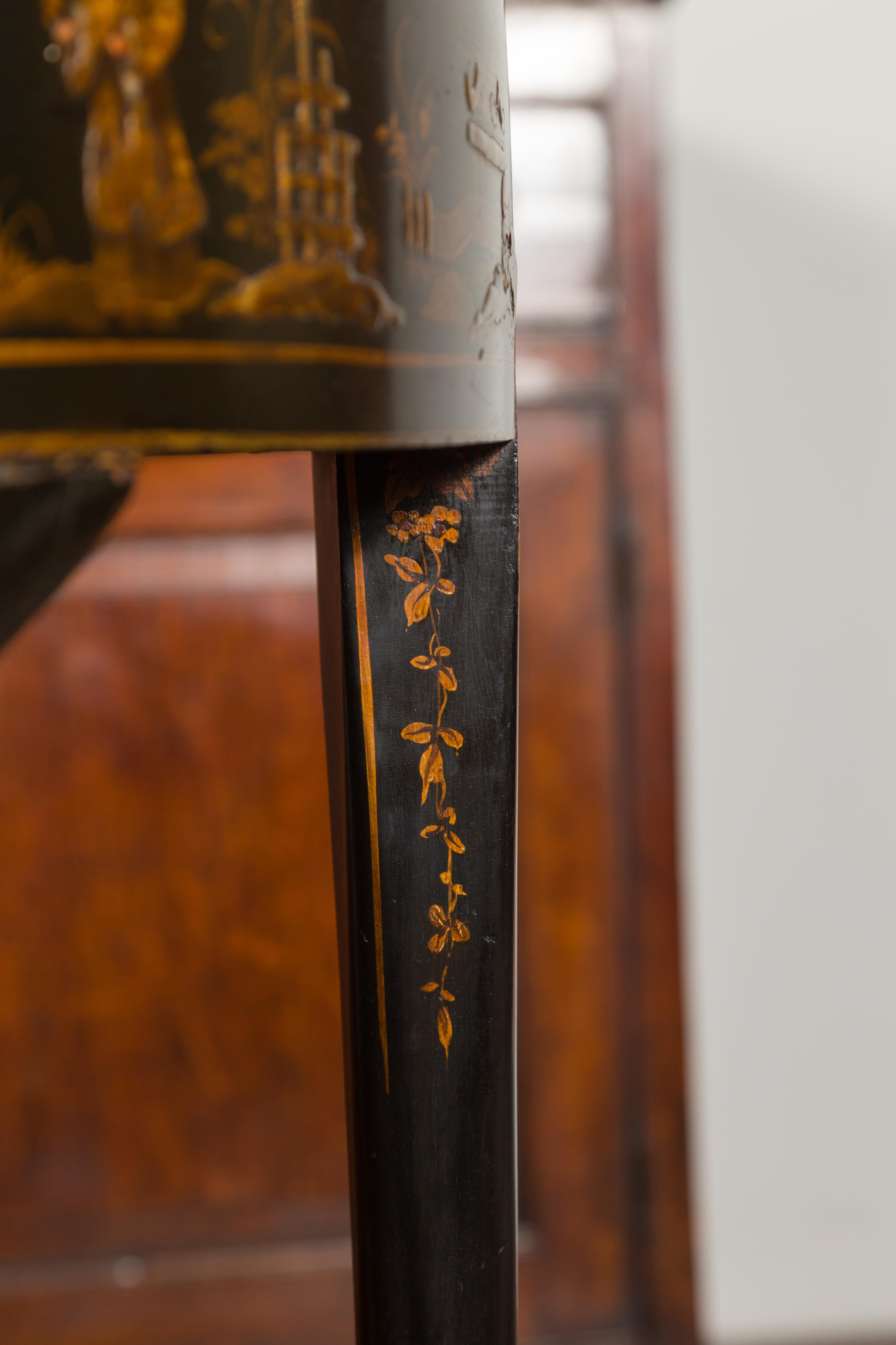 Wood English 1900s Black and Gold Demilune Table with Chinoiserie Decor and Drawer