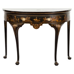 English 1900s Black and Gold Demilune Table with Chinoiserie Decor and Drawer