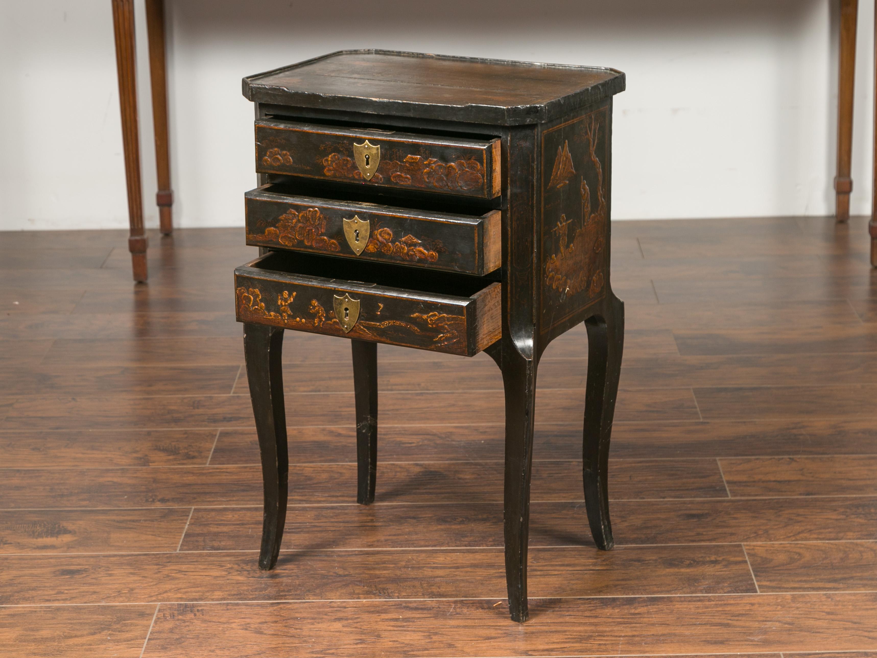 English 1900s Black Chinoiserie Bedside Table with Thin Drawers and Curving Leg 2