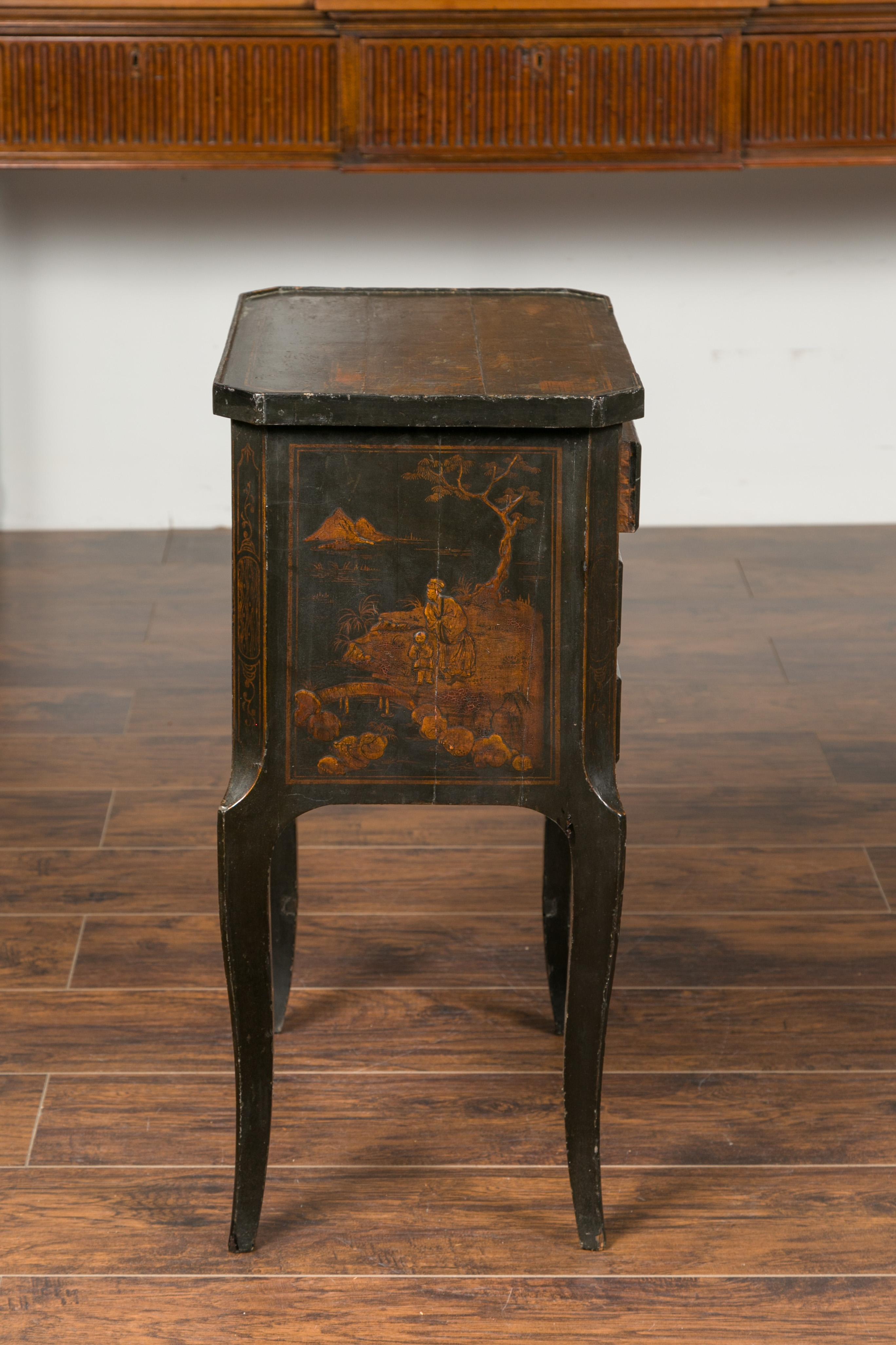 English 1900s Black Chinoiserie Bedside Table with Thin Drawers and Curving Leg 3