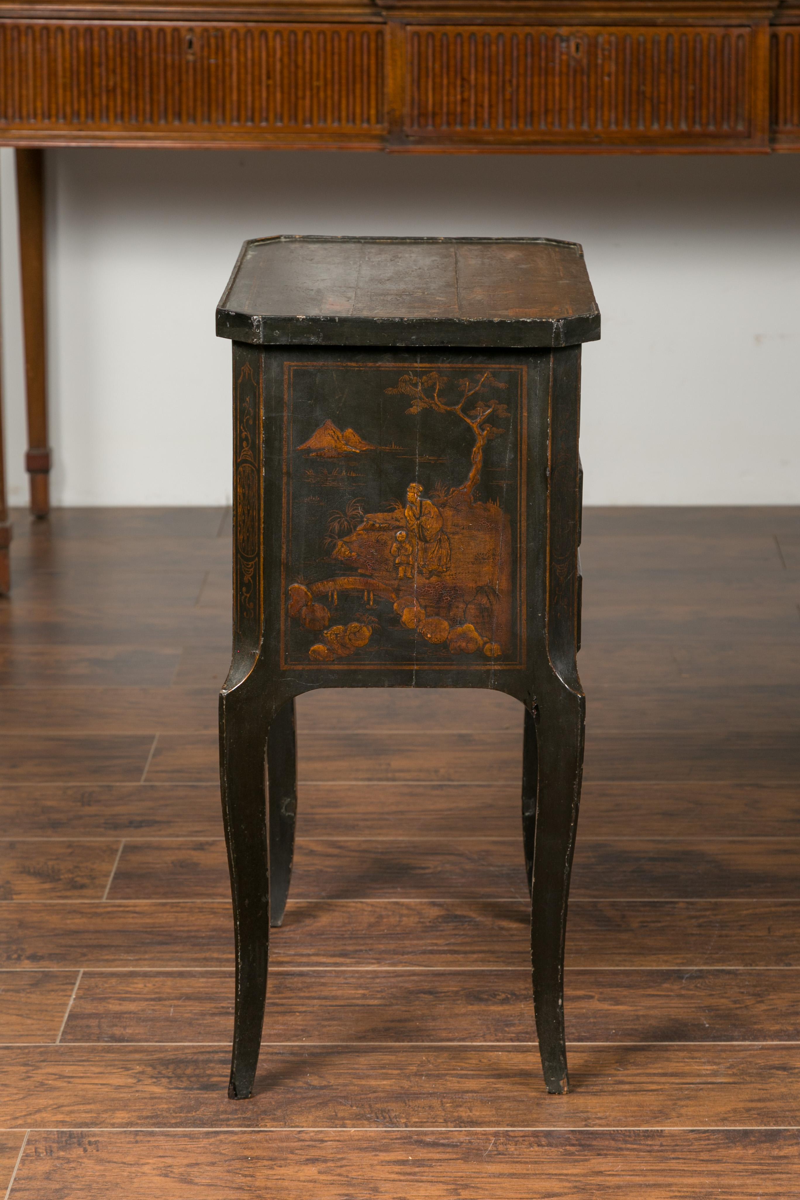 English 1900s Black Chinoiserie Bedside Table with Thin Drawers and Curving Leg 5
