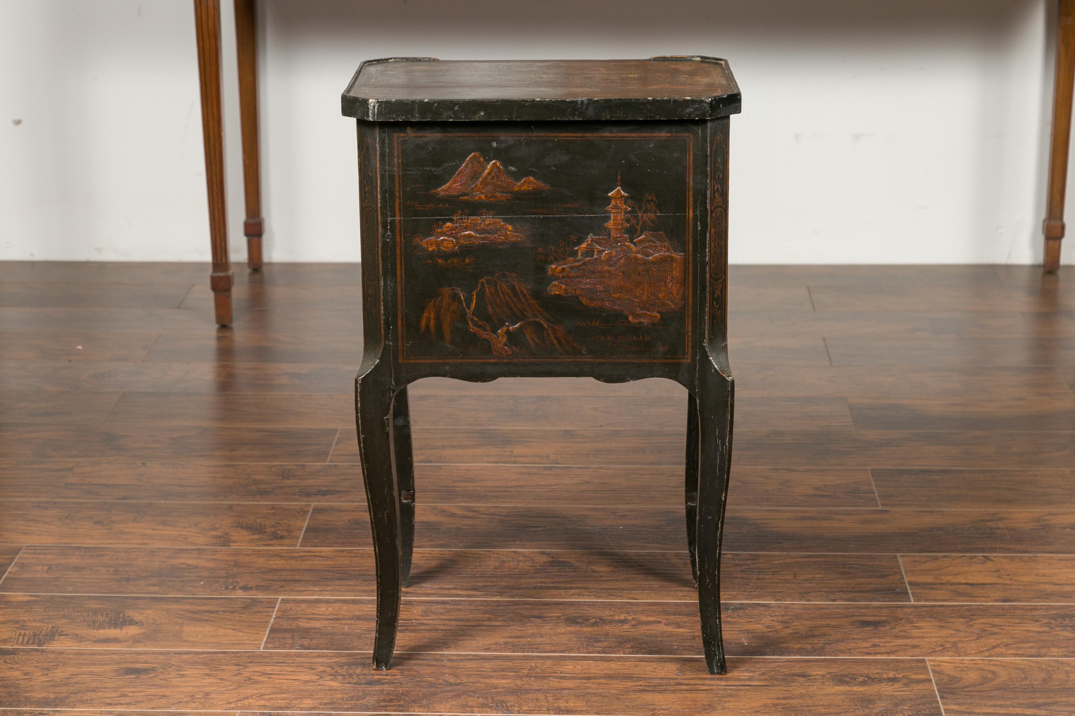 English 1900s Black Chinoiserie Bedside Table with Thin Drawers and Curving Leg 6