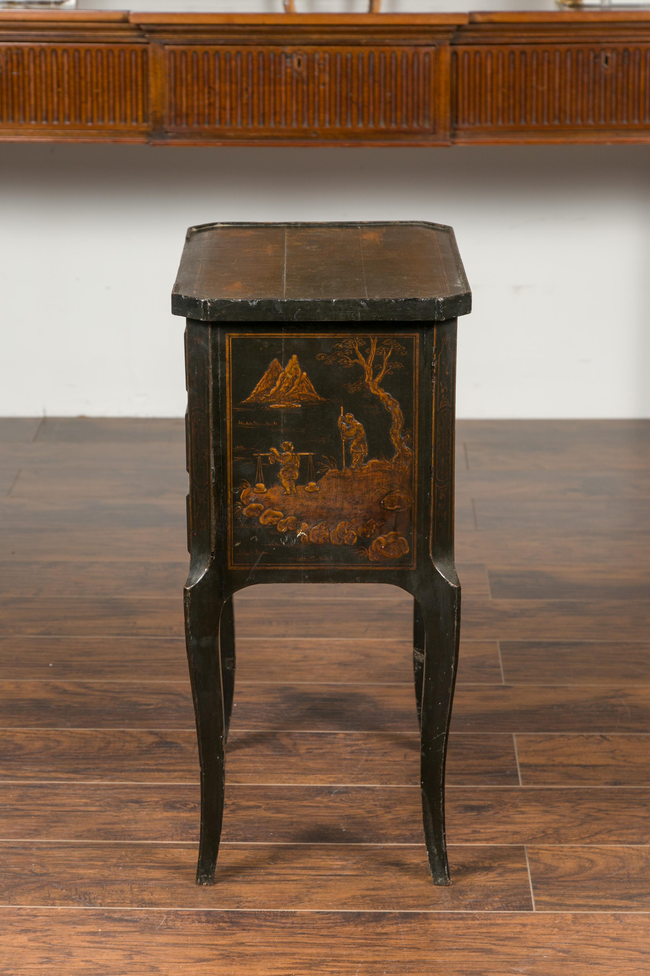 English 1900s Black Chinoiserie Bedside Table with Thin Drawers and Curving Leg 7