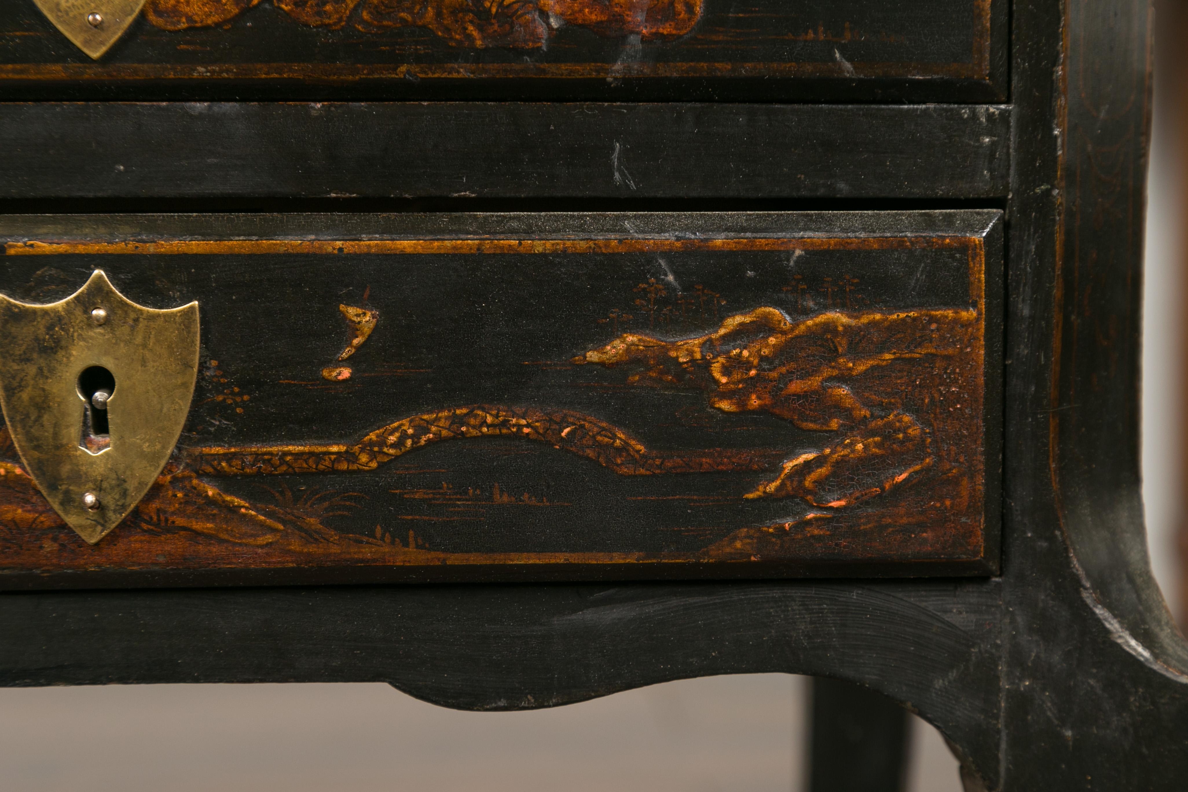 English 1900s Black Chinoiserie Bedside Table with Thin Drawers and Curving Leg In Good Condition In Atlanta, GA