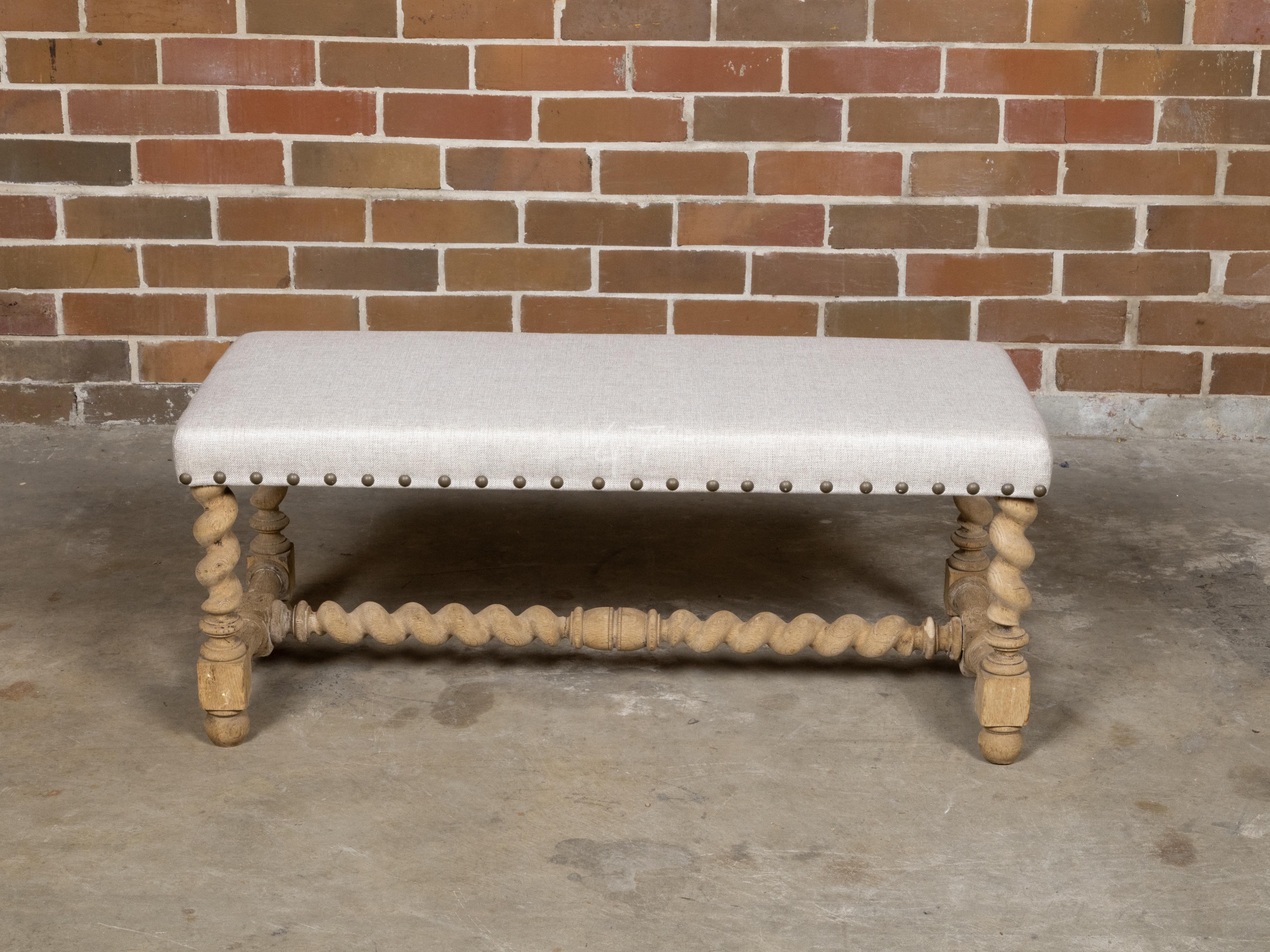 English 1900s Bleached Wood Bench with Barley Twist Base and Custom Upholstery For Sale 9