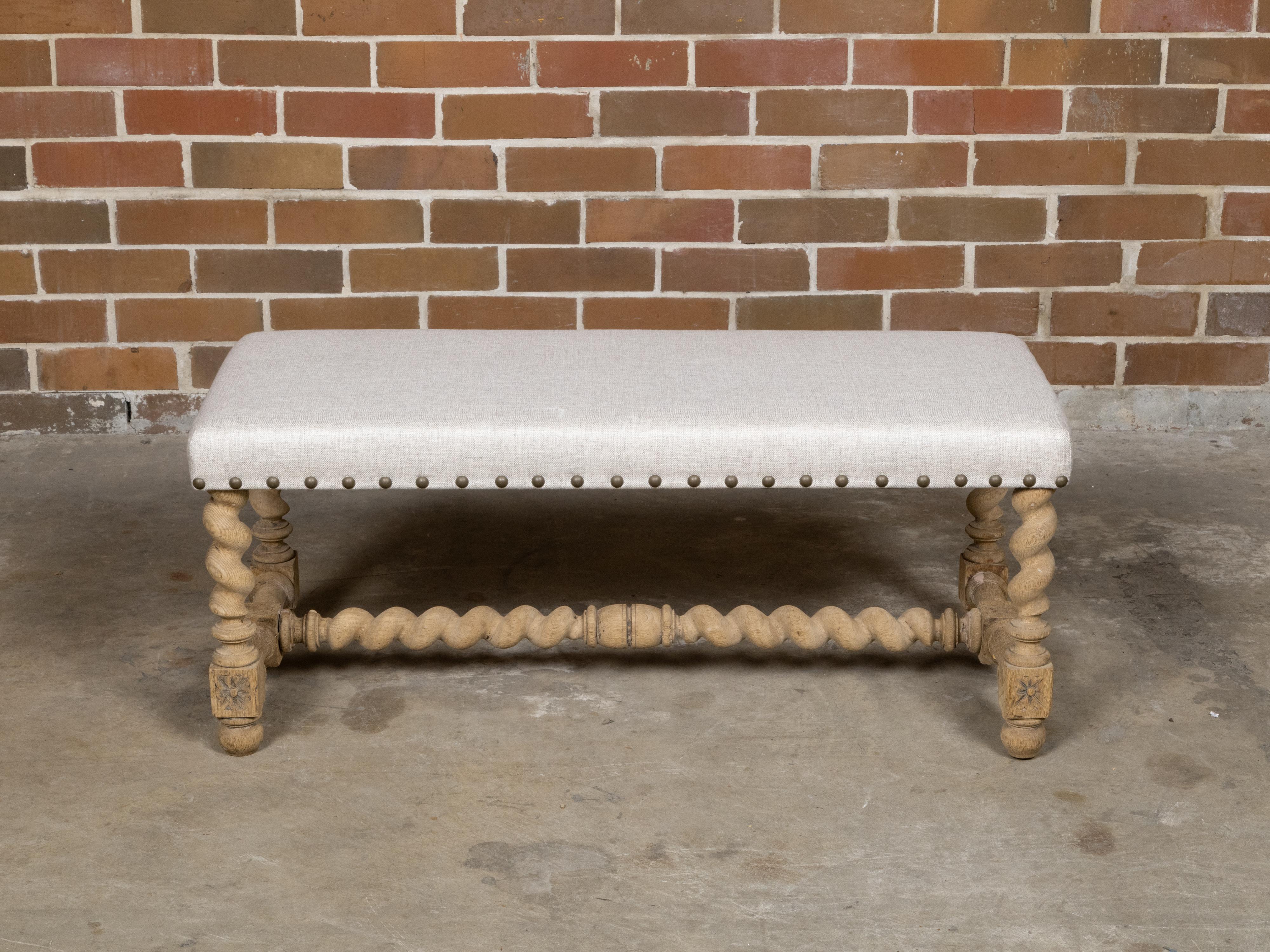 20th Century English 1900s Bleached Wood Bench with Barley Twist Base and Custom Upholstery For Sale