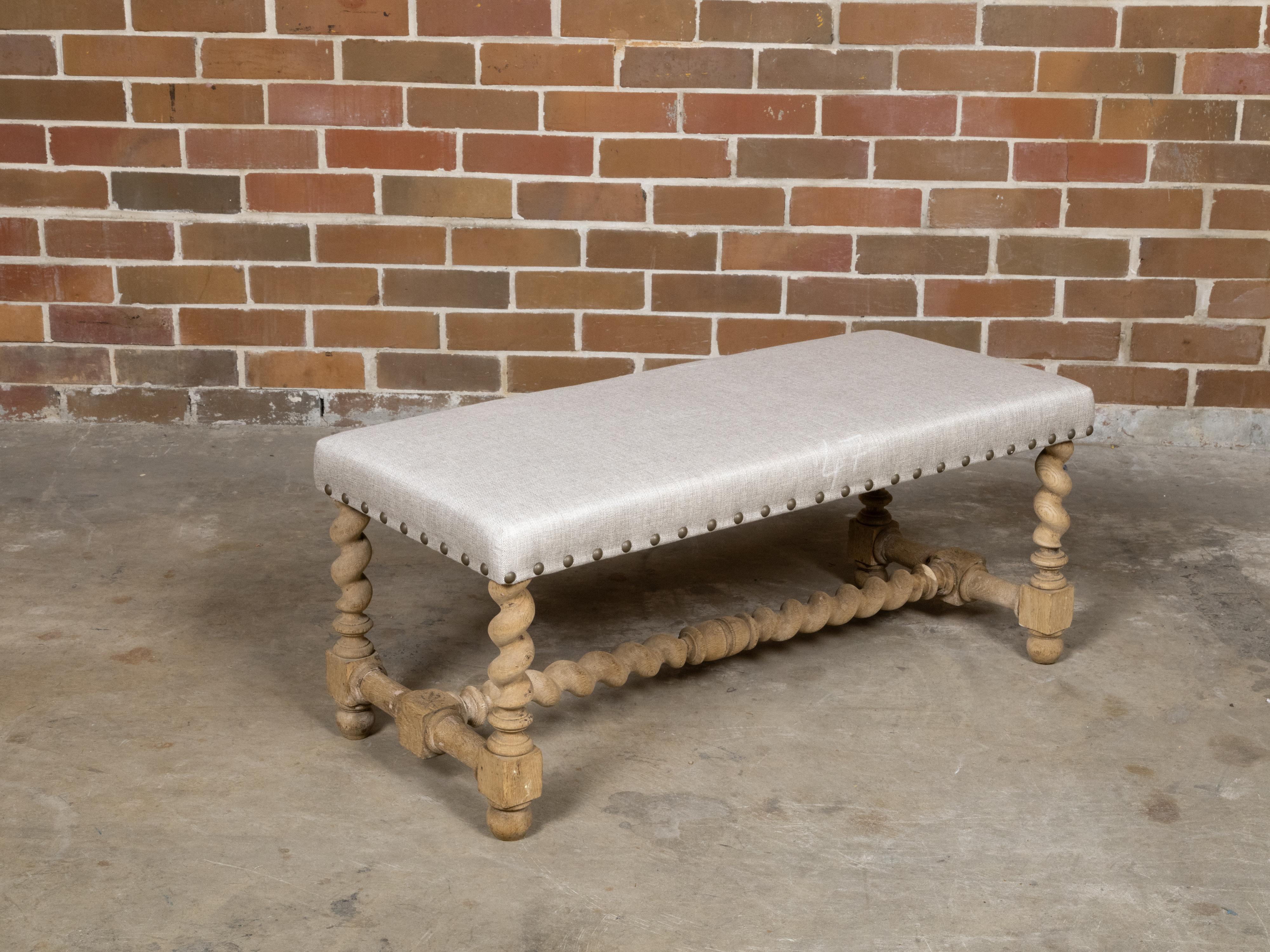English 1900s Bleached Wood Bench with Barley Twist Base and Custom Upholstery For Sale 2