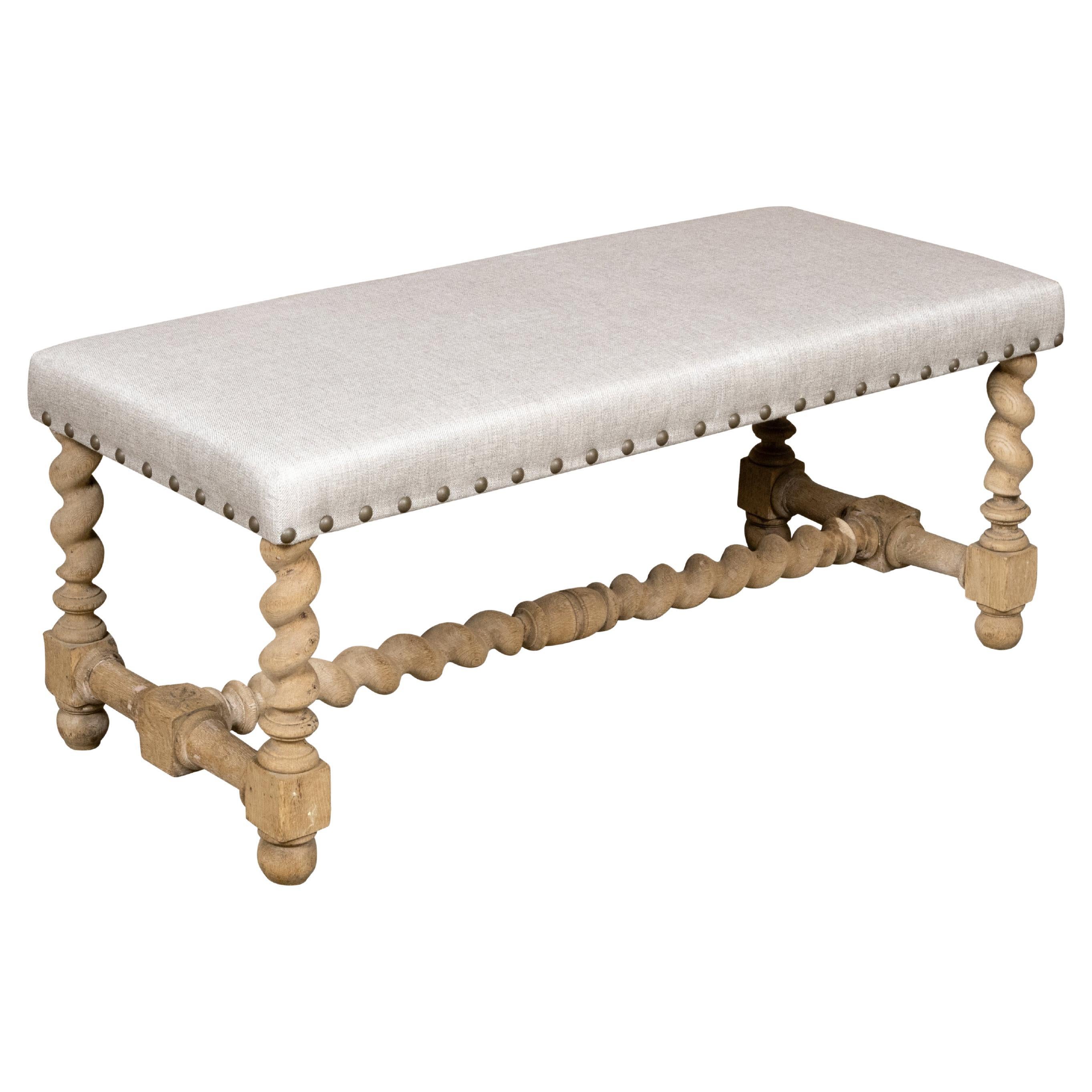 English 1900s Bleached Wood Bench mit Barley Twist Base und Custom Polsterung im Angebot