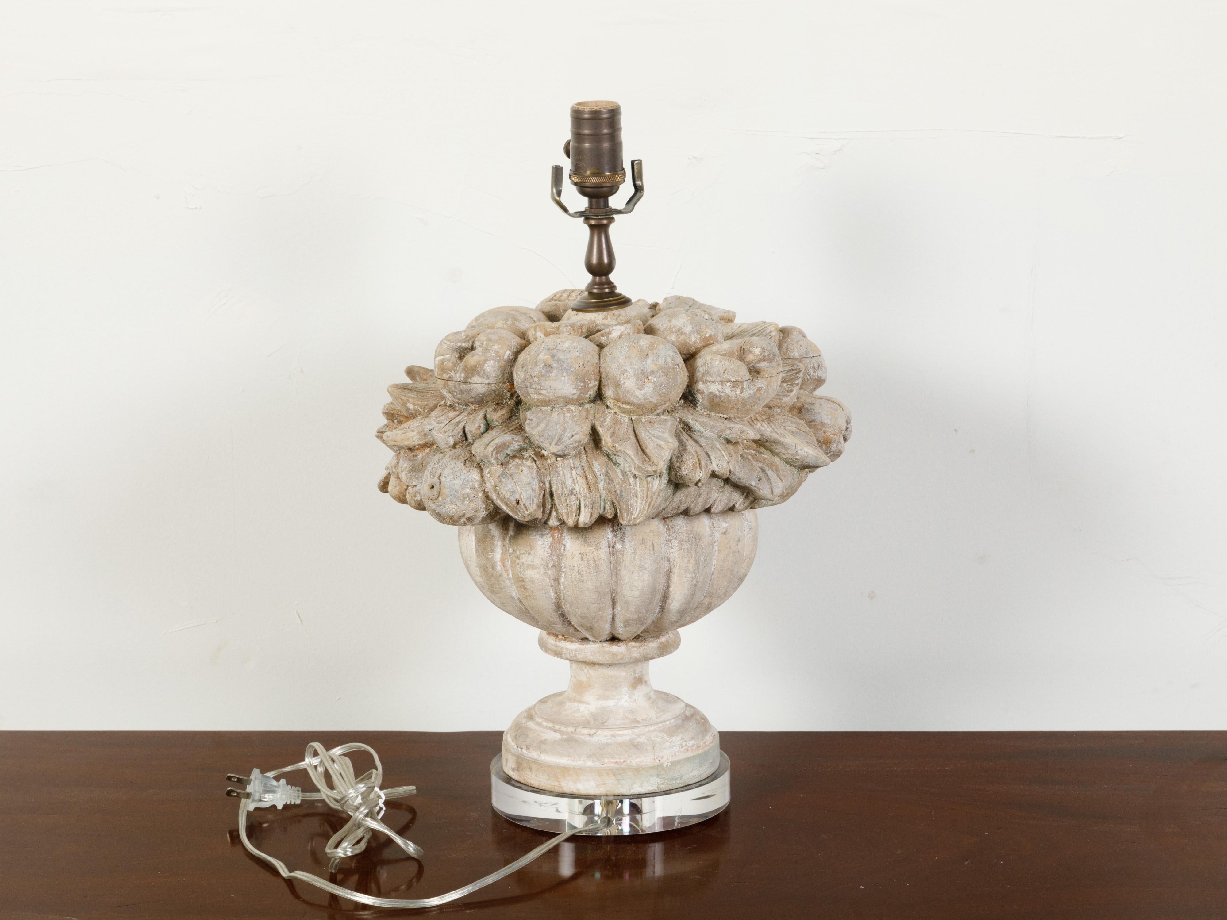 20th Century English 1900s Carved Wooden Fragment Table Lamp Depicting a Fruit Arrangement For Sale