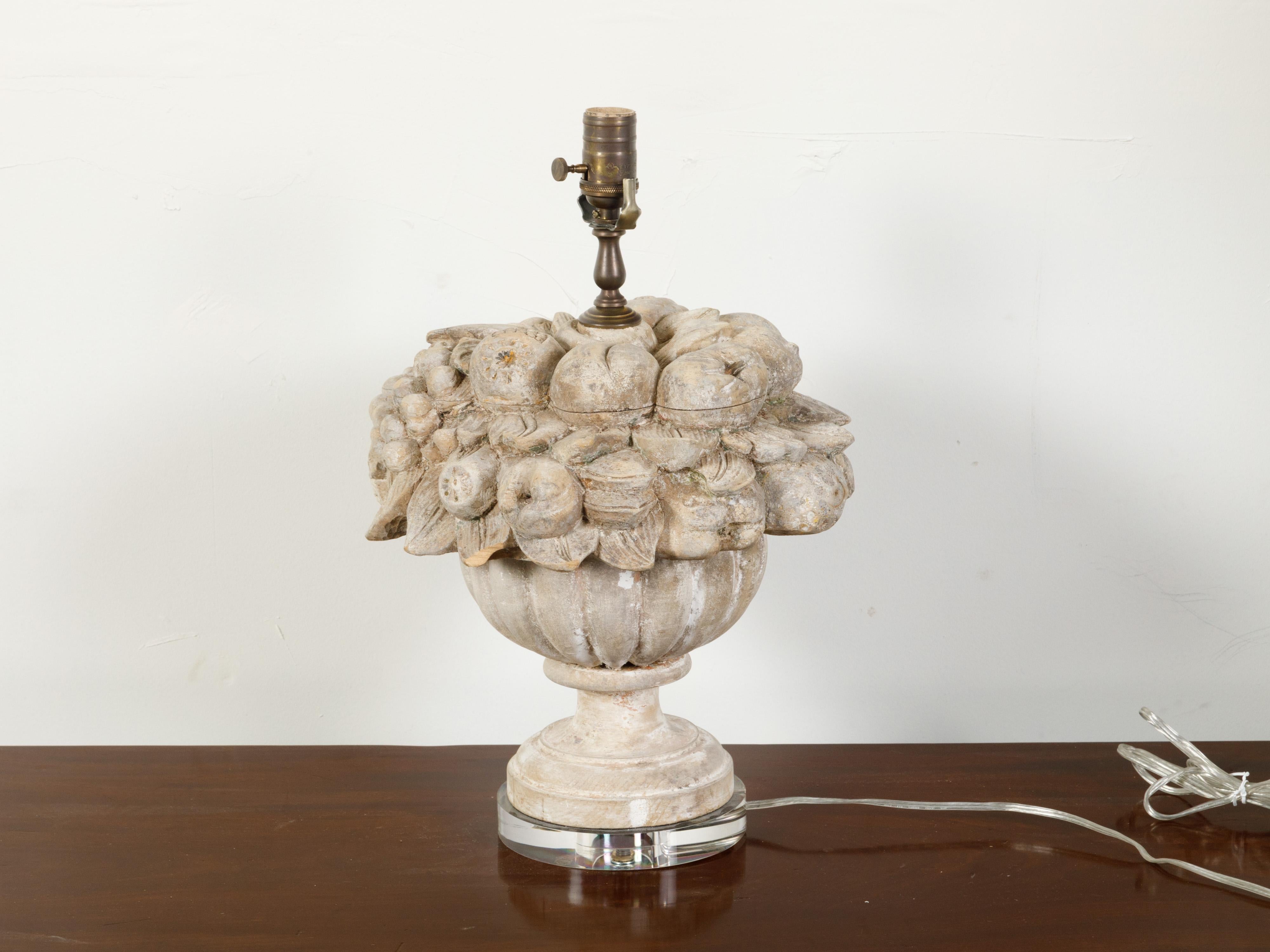 Lucite English 1900s Carved Wooden Fragment Table Lamp Depicting a Fruit Arrangement For Sale