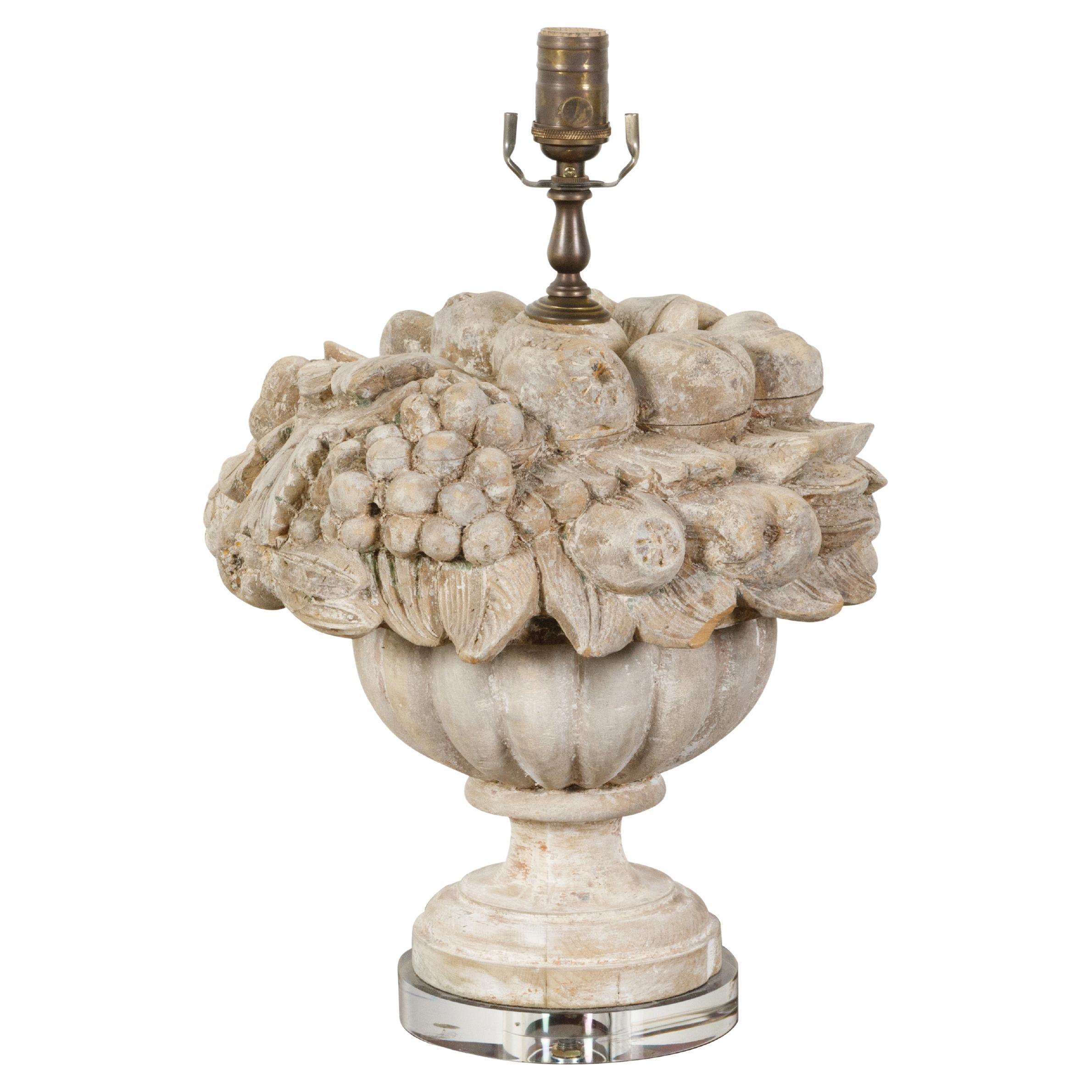 English 1900s Carved Wooden Fragment Table Lamp Depicting a Fruit Arrangement For Sale