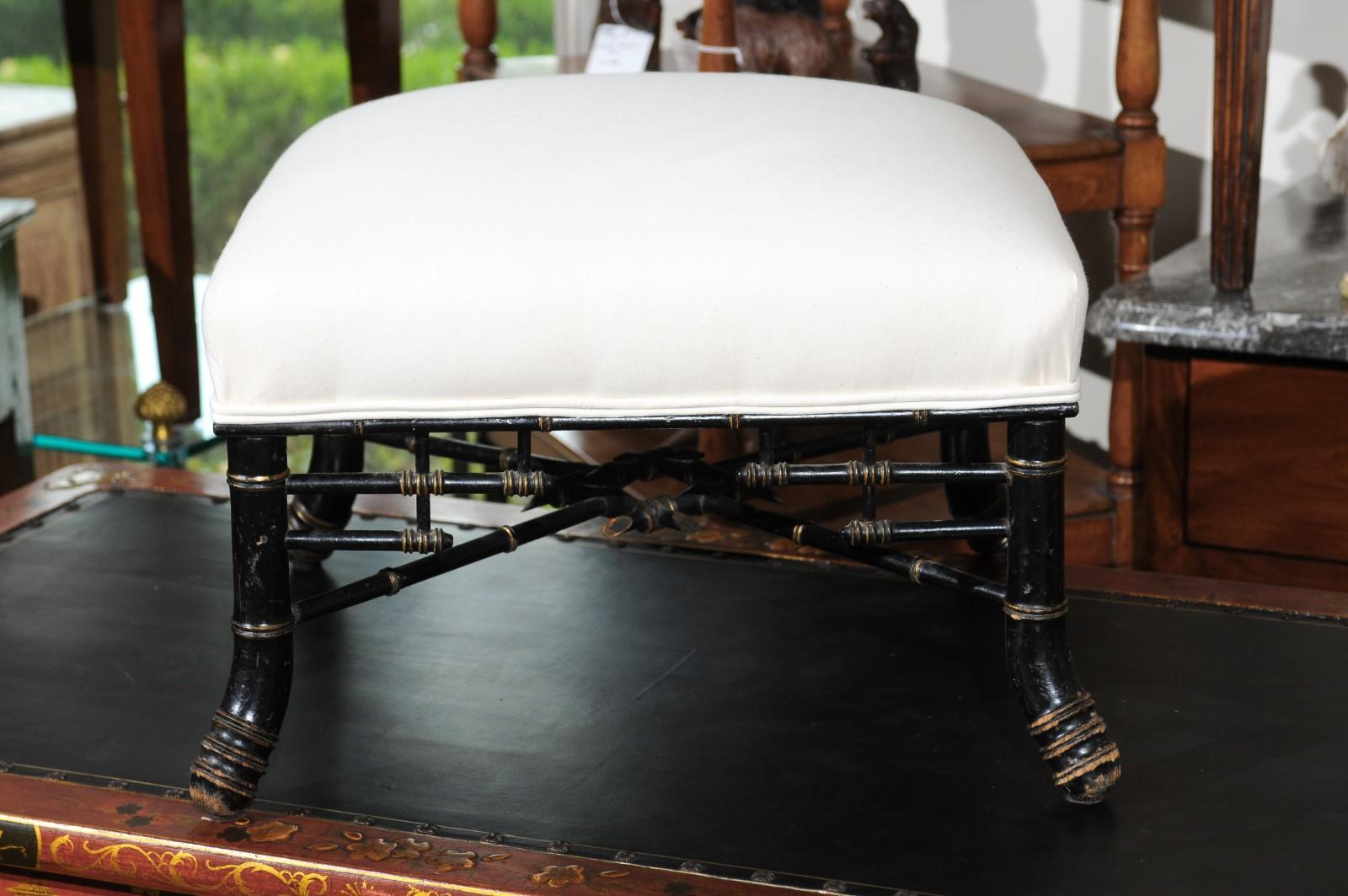 20th Century English 1900s Chinese Chippendale Style Ebonized Wood Footstool with Upholstery