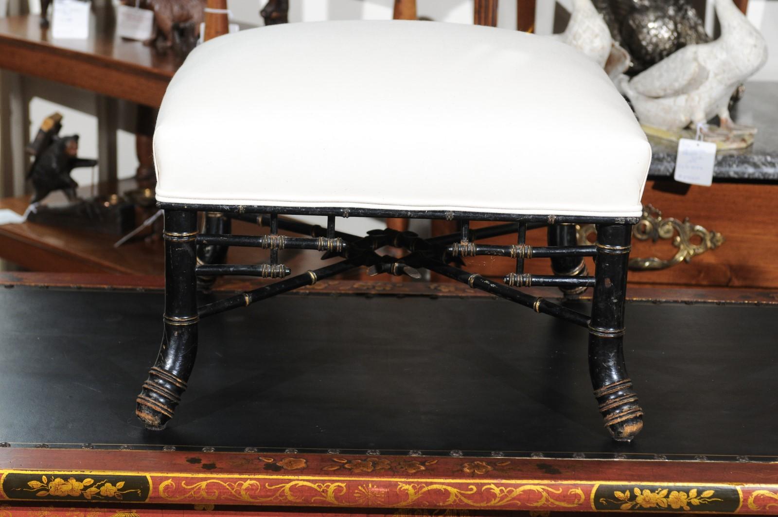 English 1900s Chinese Chippendale Style Ebonized Wood Footstool with Upholstery 1
