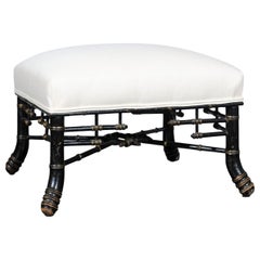 English 1900s Chinese Chippendale Style Ebonized Wood Footstool with Upholstery