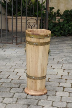 English 1900s Edwardian Period Oak Umbrella Stand with Bronze Lion Ring Pulls
