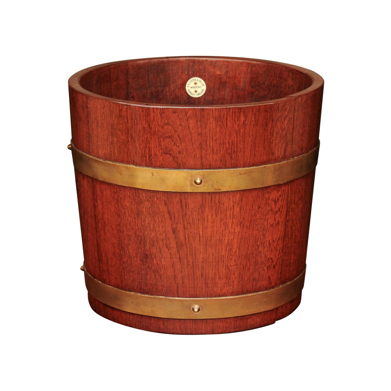 English Edwardian Oak Bucket with Brass Braces by R.A Lister & Co., Circa 1900
